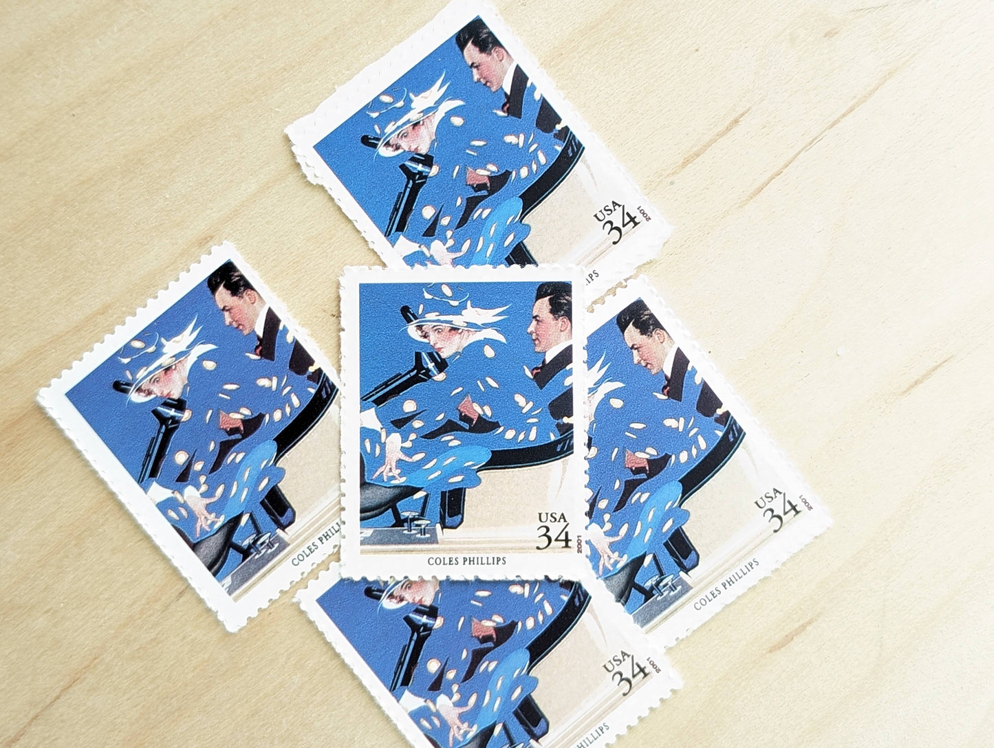 Coles Phillips, Fadeaway Girl, Set of 5, Vintage Unused USPS 34 Cent Postage Stamps, American Illustrators Series 2000, Gummed