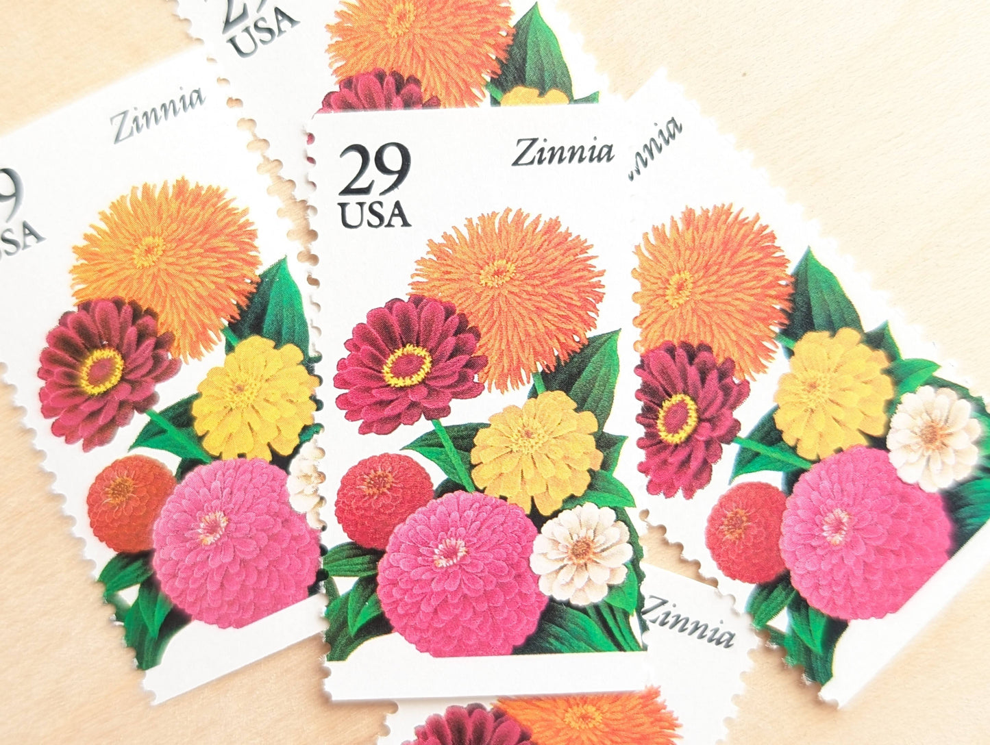 Zinnia Stamps, Set of 5, Vintage Unused USPS 29 Cent Postage Stamps, Flower Stamps 1993, Gummed