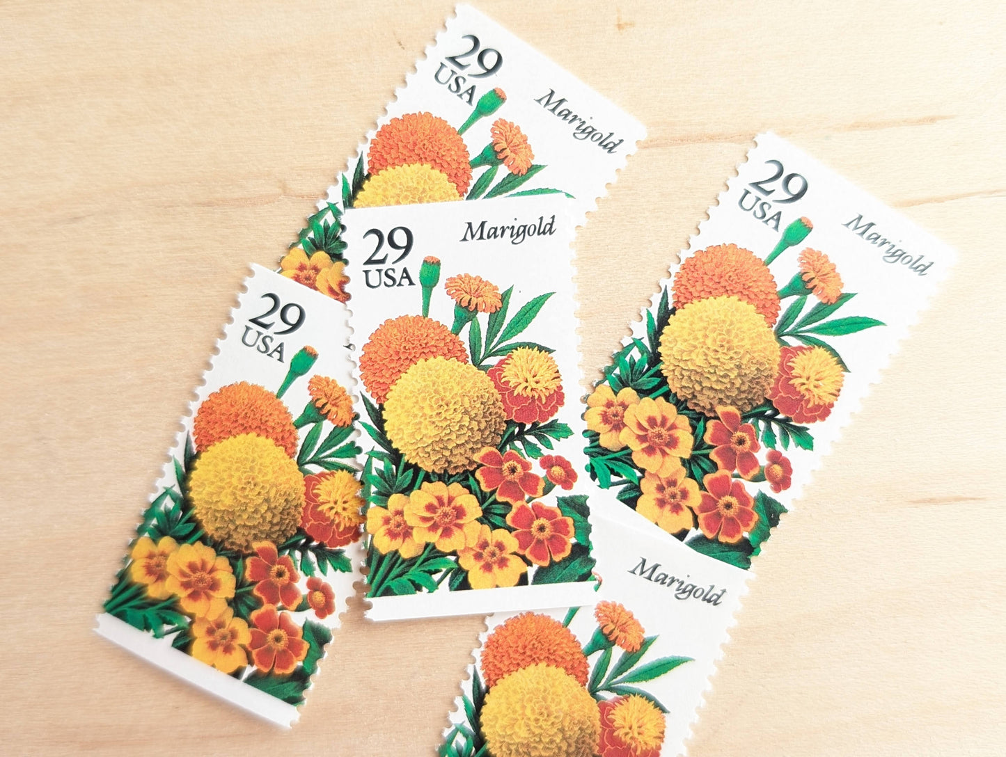 Marigold Stamps, Set of 5, Vintage Unused USPS 29 Cent Postage Stamps, Flower Stamps 1993, Gummed