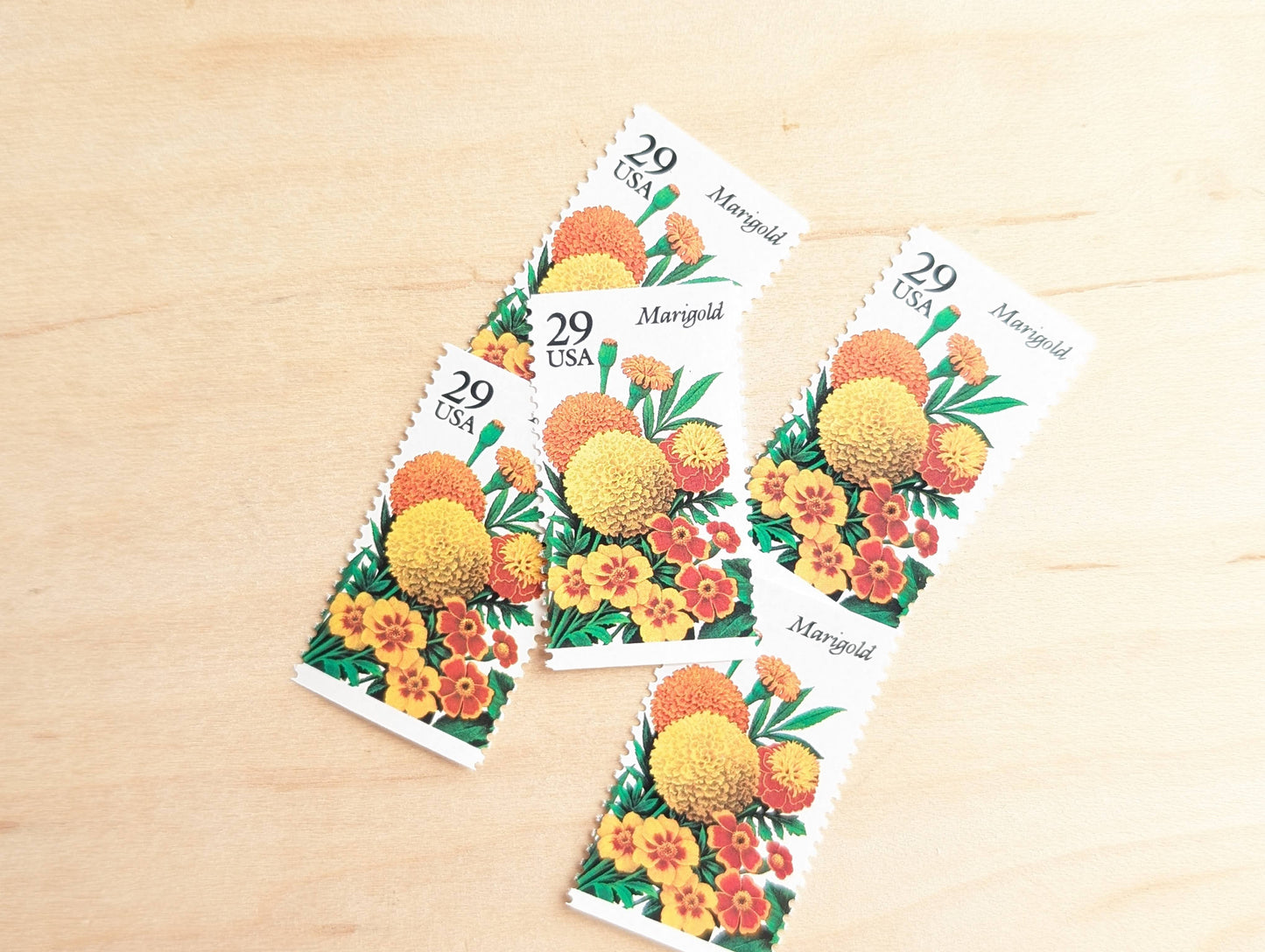 Marigold Stamps, Set of 5, Vintage Unused USPS 29 Cent Postage Stamps, Flower Stamps 1993, Gummed