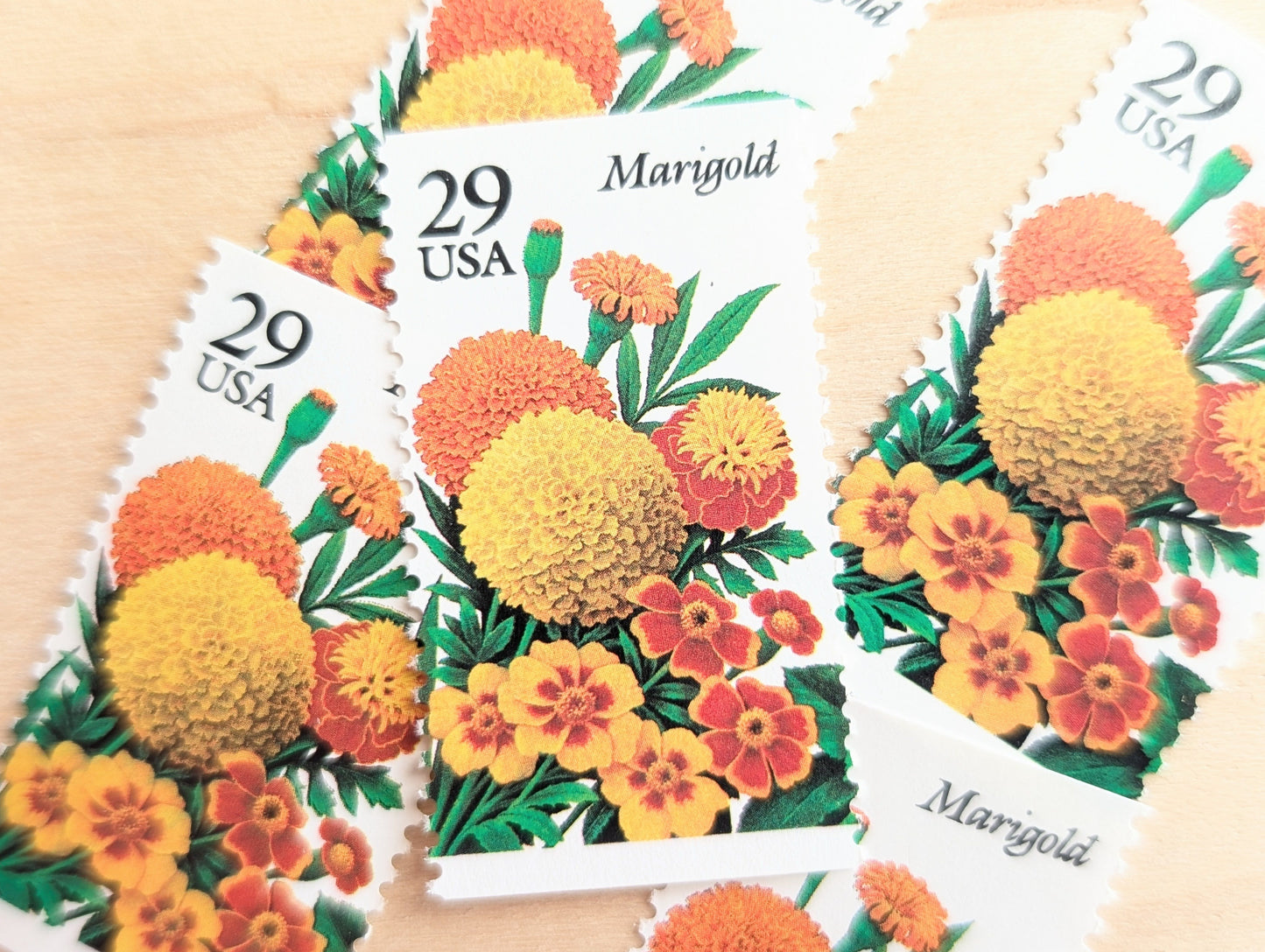 Marigold Stamps, Set of 5, Vintage Unused USPS 29 Cent Postage Stamps, Flower Stamps 1993, Gummed