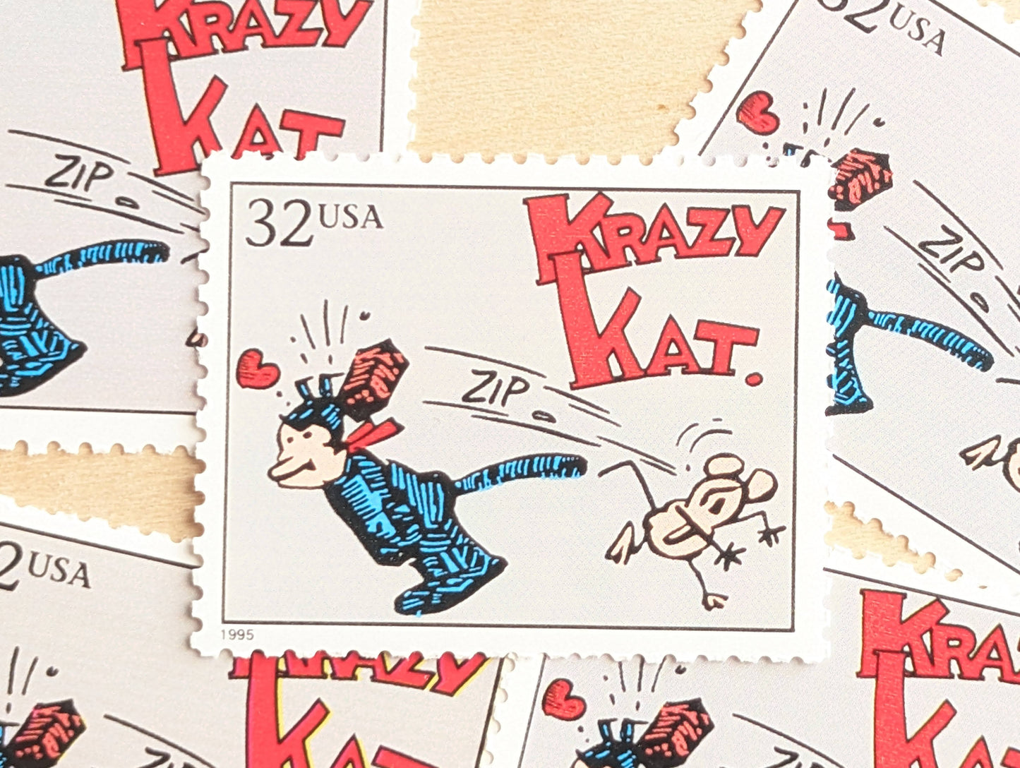 Krazy Kat, Set of 5, Vintage Unused USPS 32 Cent Postage Stamps, Comic Strip Classics Series 1995, Gummed