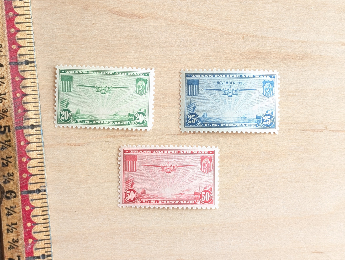 Trans-Pacific Air Mail, Collection of 7, Vintage Unused USPS 20, 25, and 50 Cent Postage Stamps, Airplane Postage Stamps, 1935, Gummed