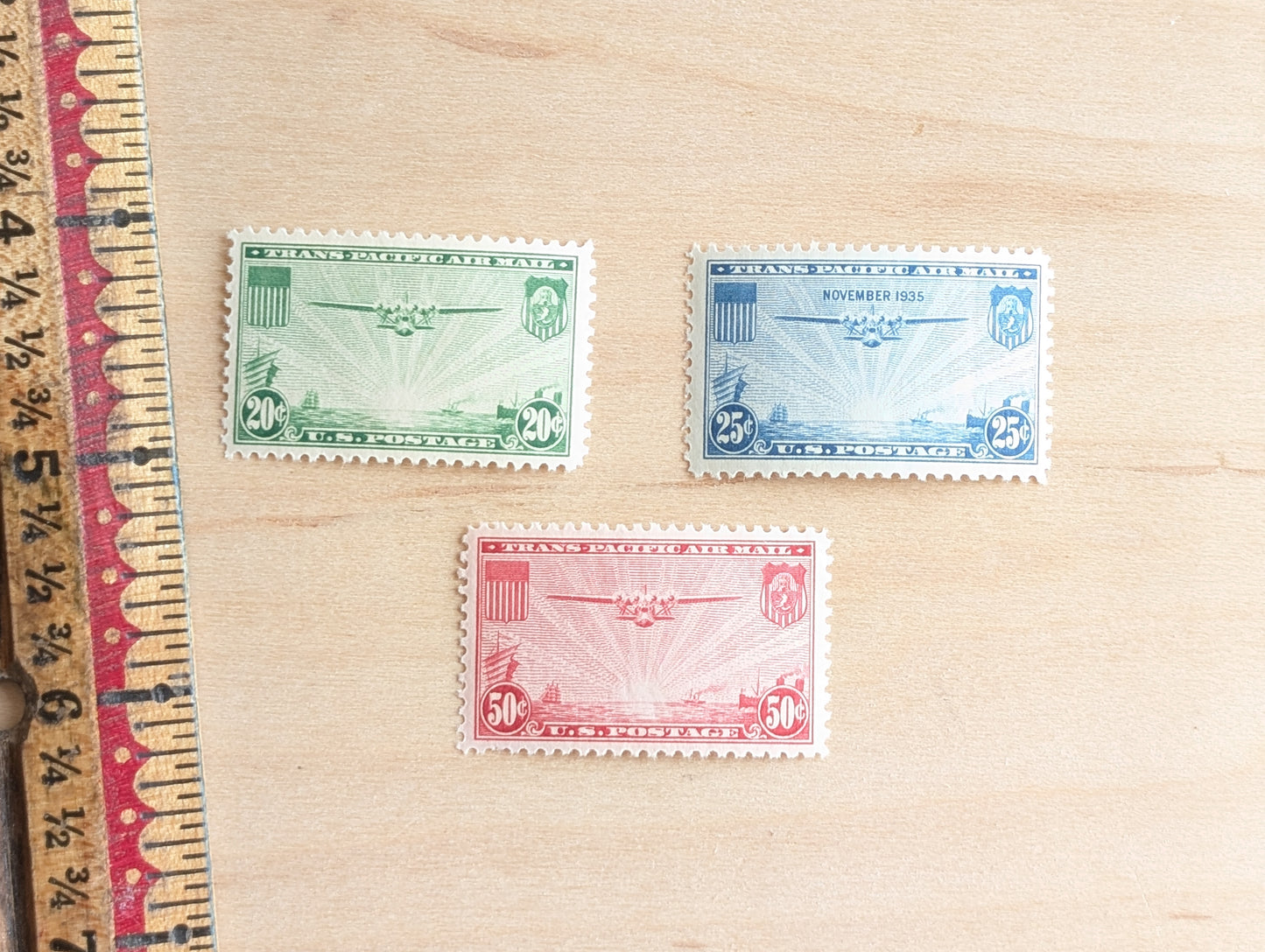 Trans-Pacific Air Mail, Collection of 7, Vintage Unused USPS 20, 25, and 50 Cent Postage Stamps, Airplane Postage Stamps, 1935, Gummed
