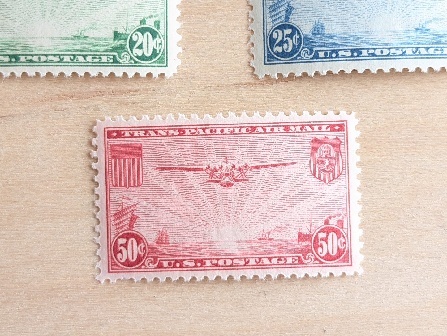 Trans-Pacific Air Mail, Collection of 7, Vintage Unused USPS 20, 25, and 50 Cent Postage Stamps, Airplane Postage Stamps, 1935, Gummed