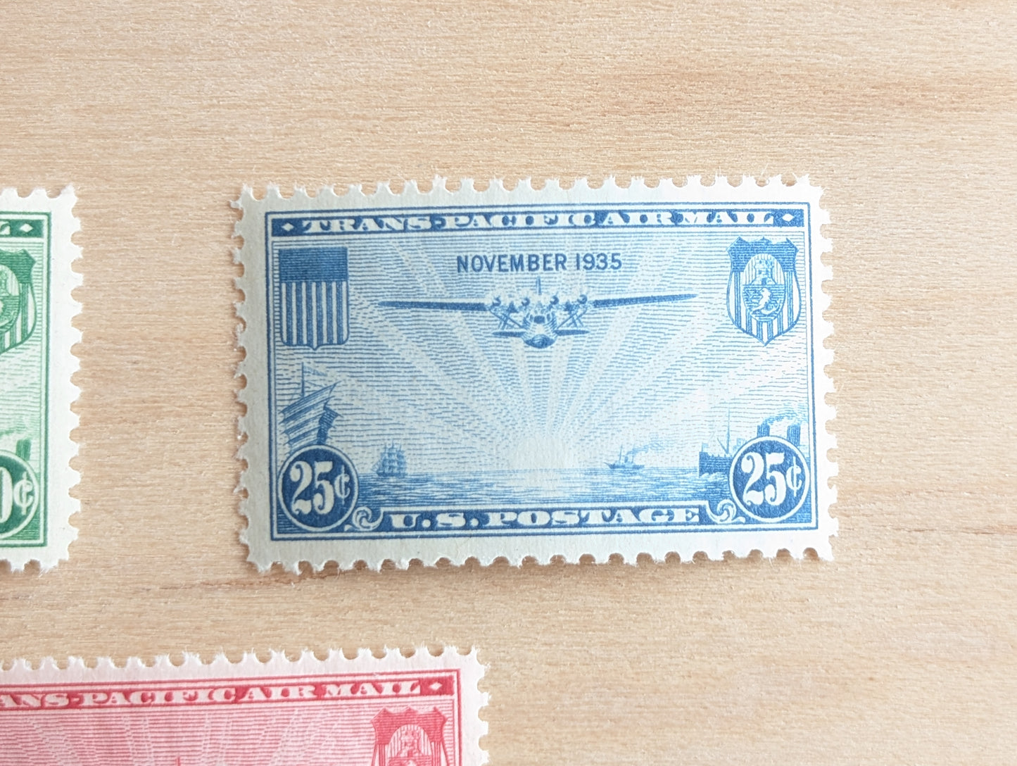 Trans-Pacific Air Mail, Collection of 7, Vintage Unused USPS 20, 25, and 50 Cent Postage Stamps, Airplane Postage Stamps, 1935, Gummed