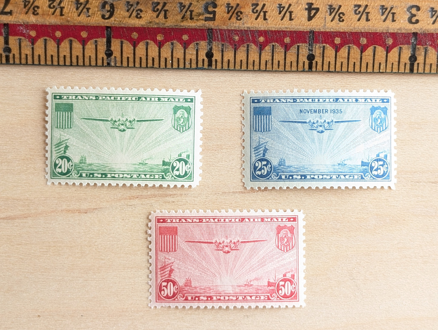 Trans-Pacific Air Mail, Collection of 7, Vintage Unused USPS 20, 25, and 50 Cent Postage Stamps, Airplane Postage Stamps, 1935, Gummed