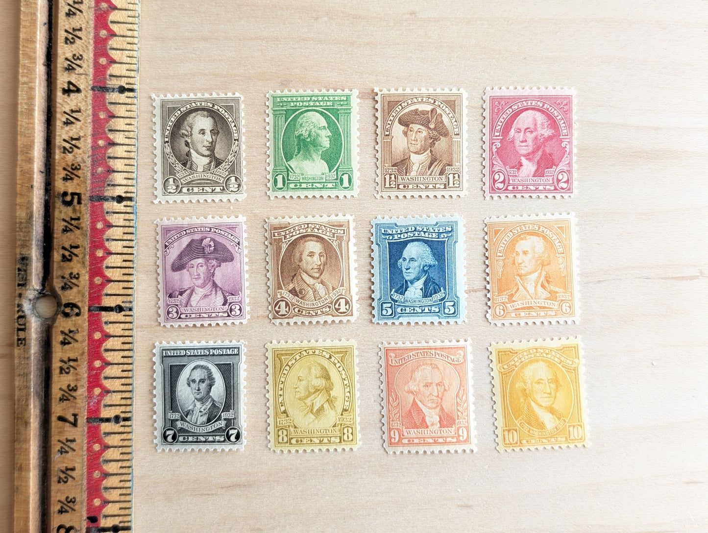 George Washington Bust, Collection of 12, Vintage Unused USPS ½ to 10 Cent Postage Stamps, George Washington Bust Stamps, 1932, Gummed