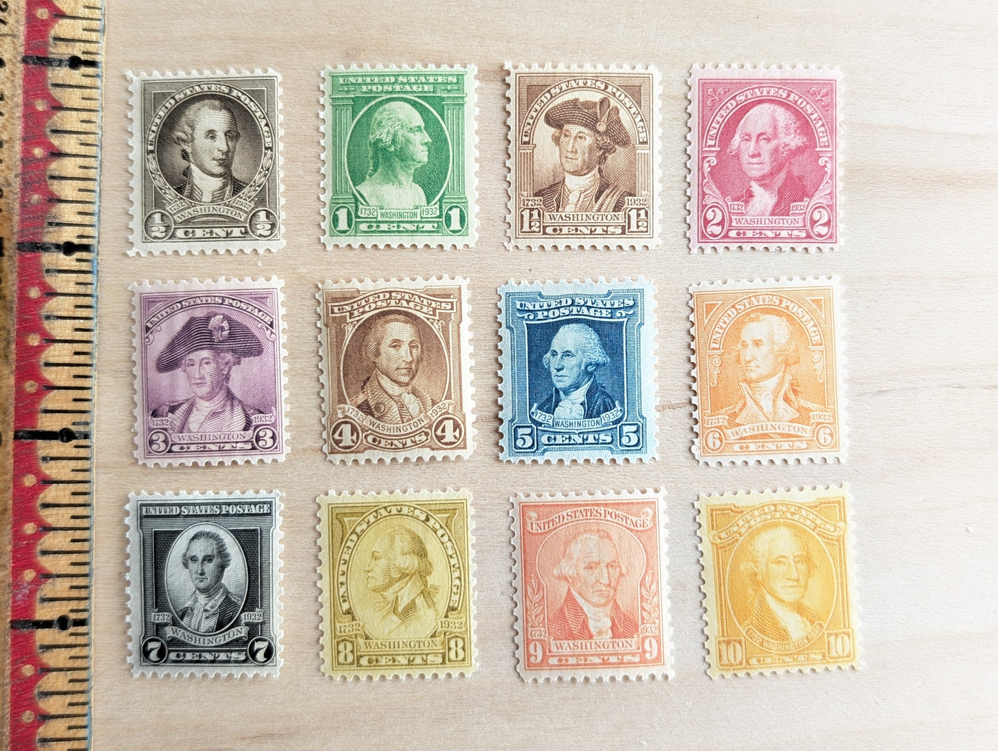 George Washington Bust, Collection of 12, Vintage Unused USPS ½ to 10 Cent Postage Stamps, George Washington Bust Stamps, 1932, Gummed