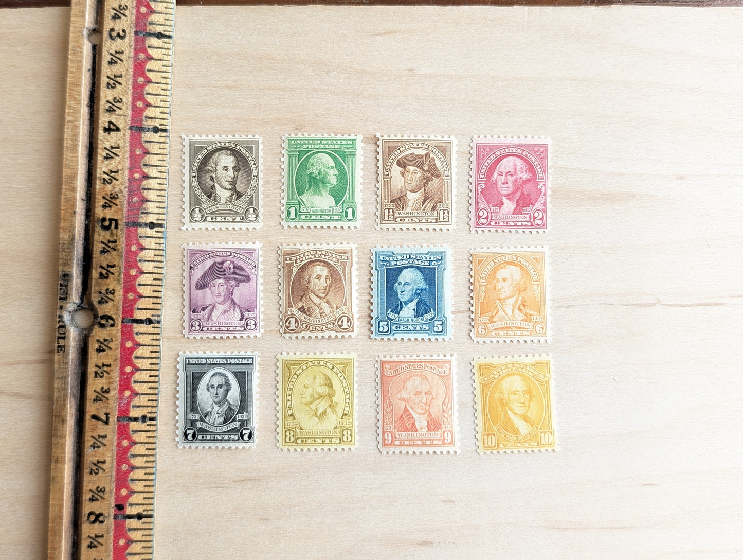 George Washington Bust, Collection of 12, Vintage Unused USPS ½ to 10 Cent Postage Stamps, George Washington Bust Stamps, 1932, Gummed