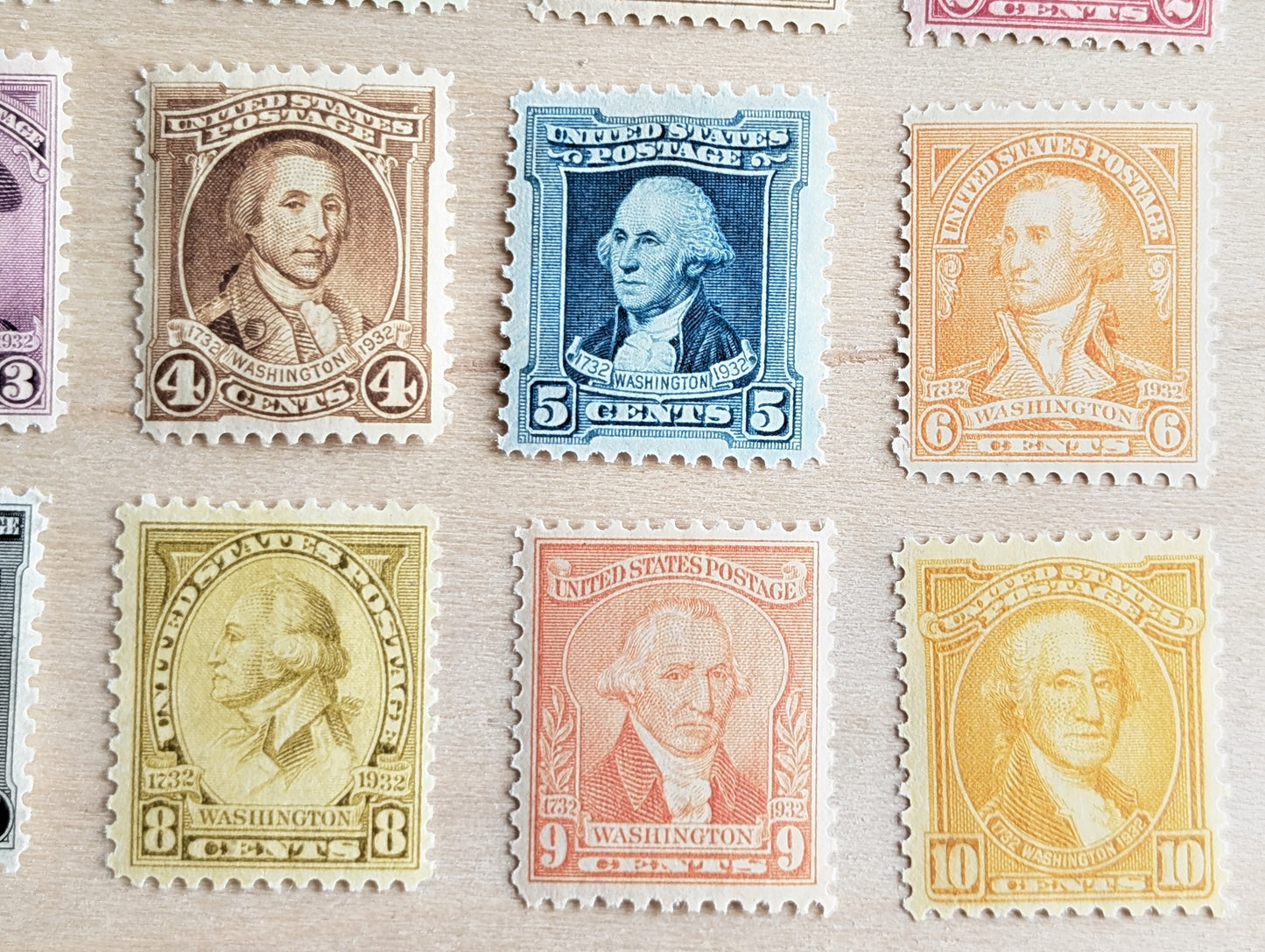 George Washington Bust, Collection of 12, Vintage Unused USPS ½ to 10 Cent Postage Stamps, George Washington Bust Stamps, 1932, Gummed