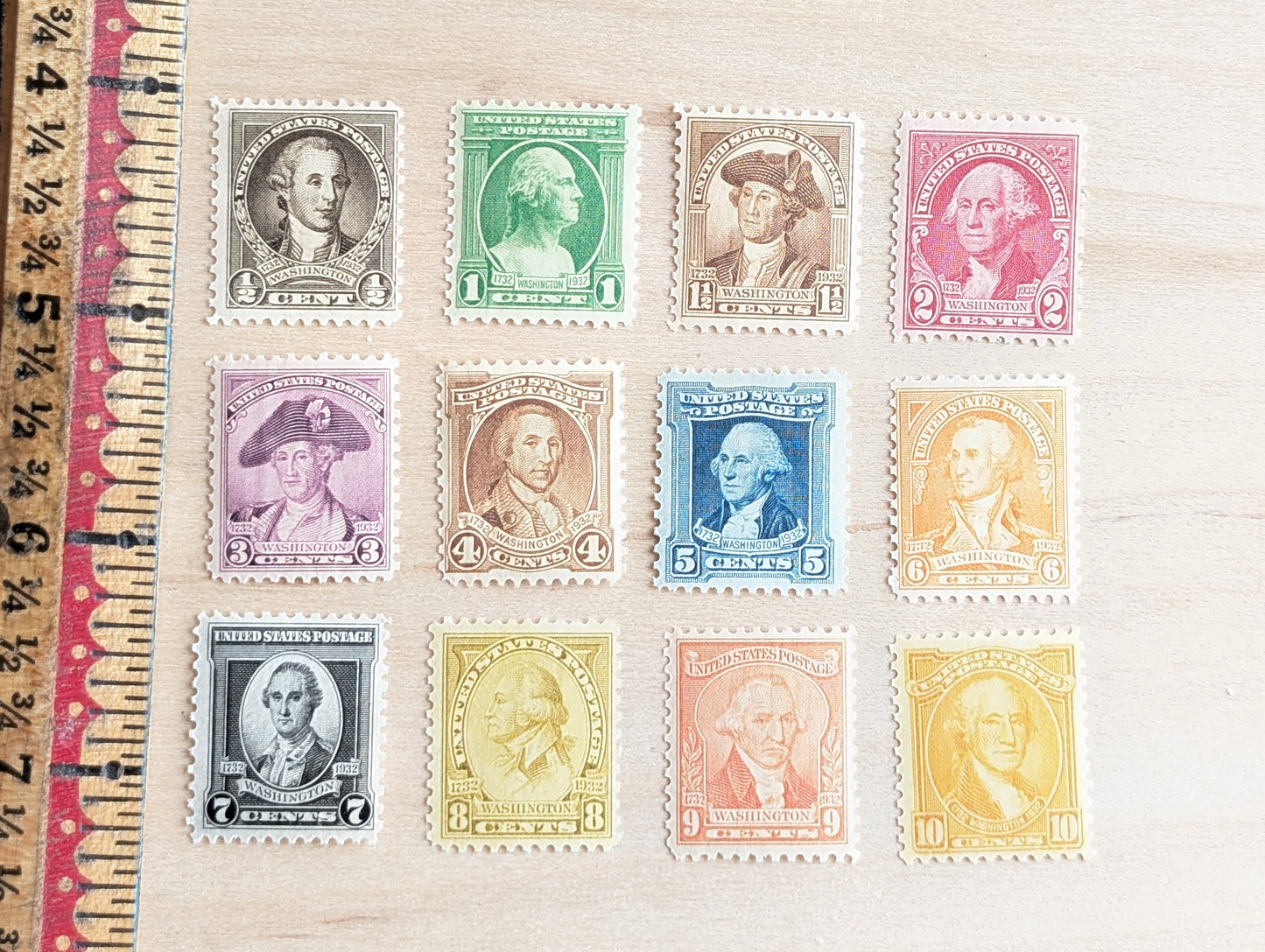 George Washington Bust, Collection of 12, Vintage Unused USPS ½ to 10 Cent Postage Stamps, George Washington Bust Stamps, 1932, Gummed