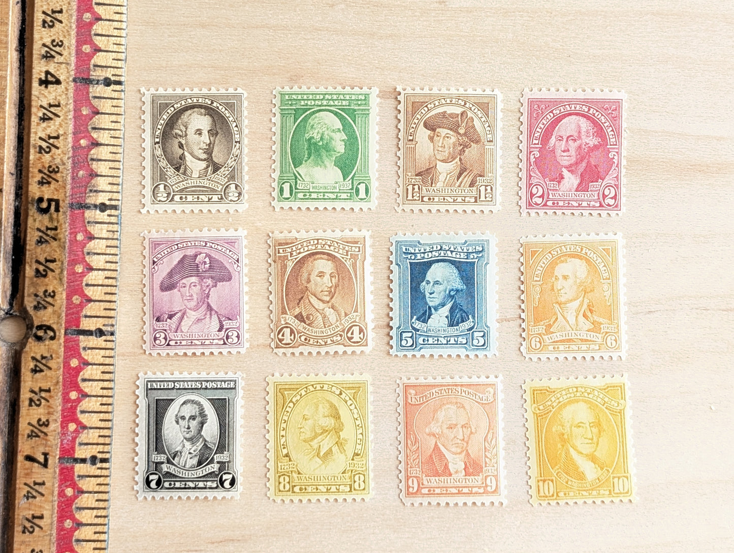 George Washington Bust, Collection of 12, Vintage Unused USPS ½ to 10 Cent Postage Stamps, George Washington Bust Stamps, 1932, Gummed