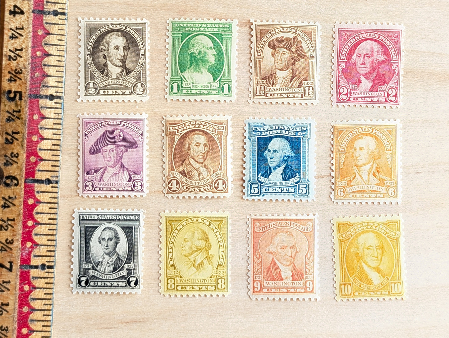 George Washington Bust, Collection of 12, Vintage Unused USPS ½ to 10 Cent Postage Stamps, George Washington Bust Stamps, 1932, Gummed