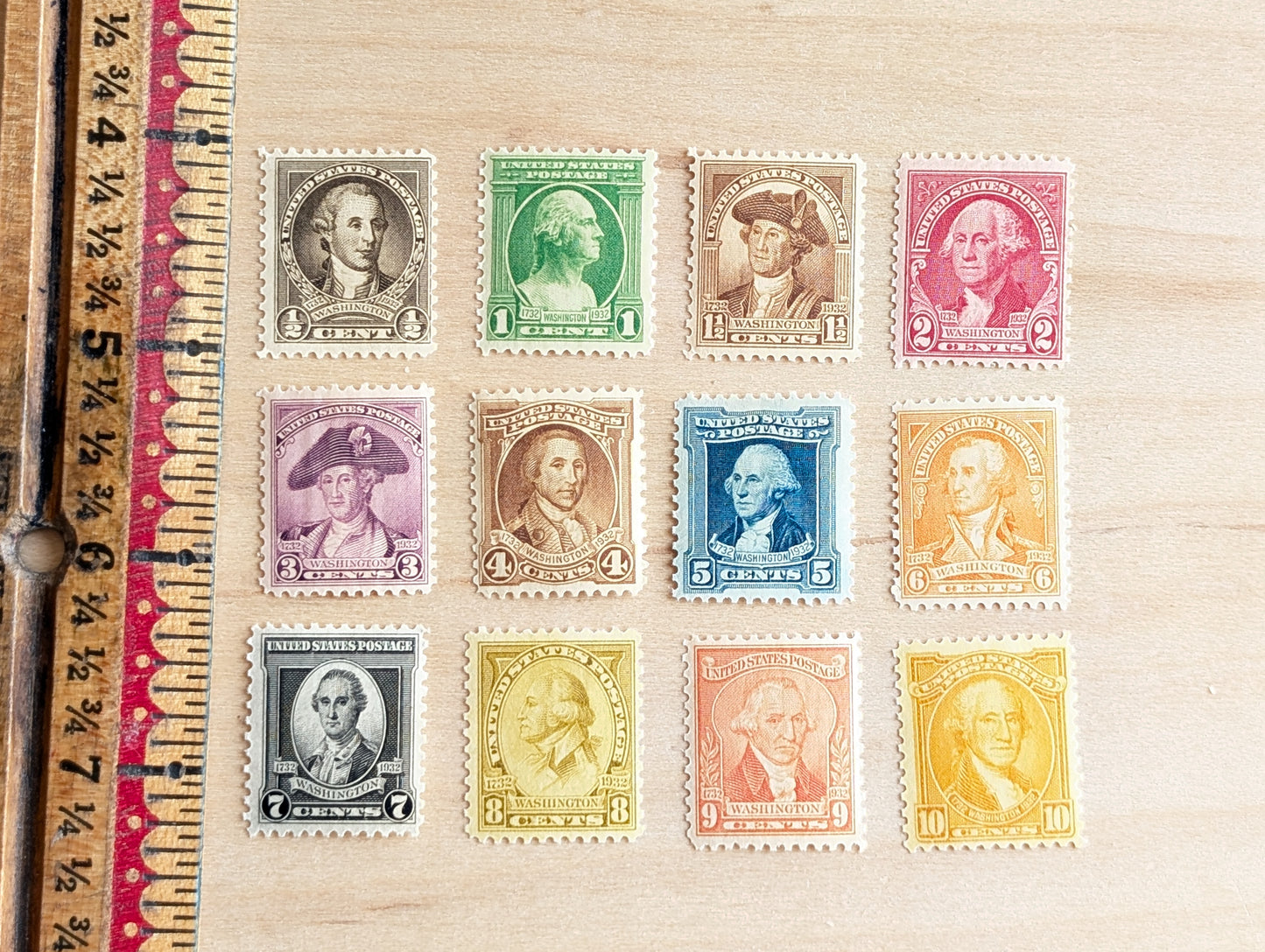 George Washington Bust, Collection of 12, Vintage Unused USPS ½ to 10 Cent Postage Stamps, George Washington Bust Stamps, 1932, Gummed
