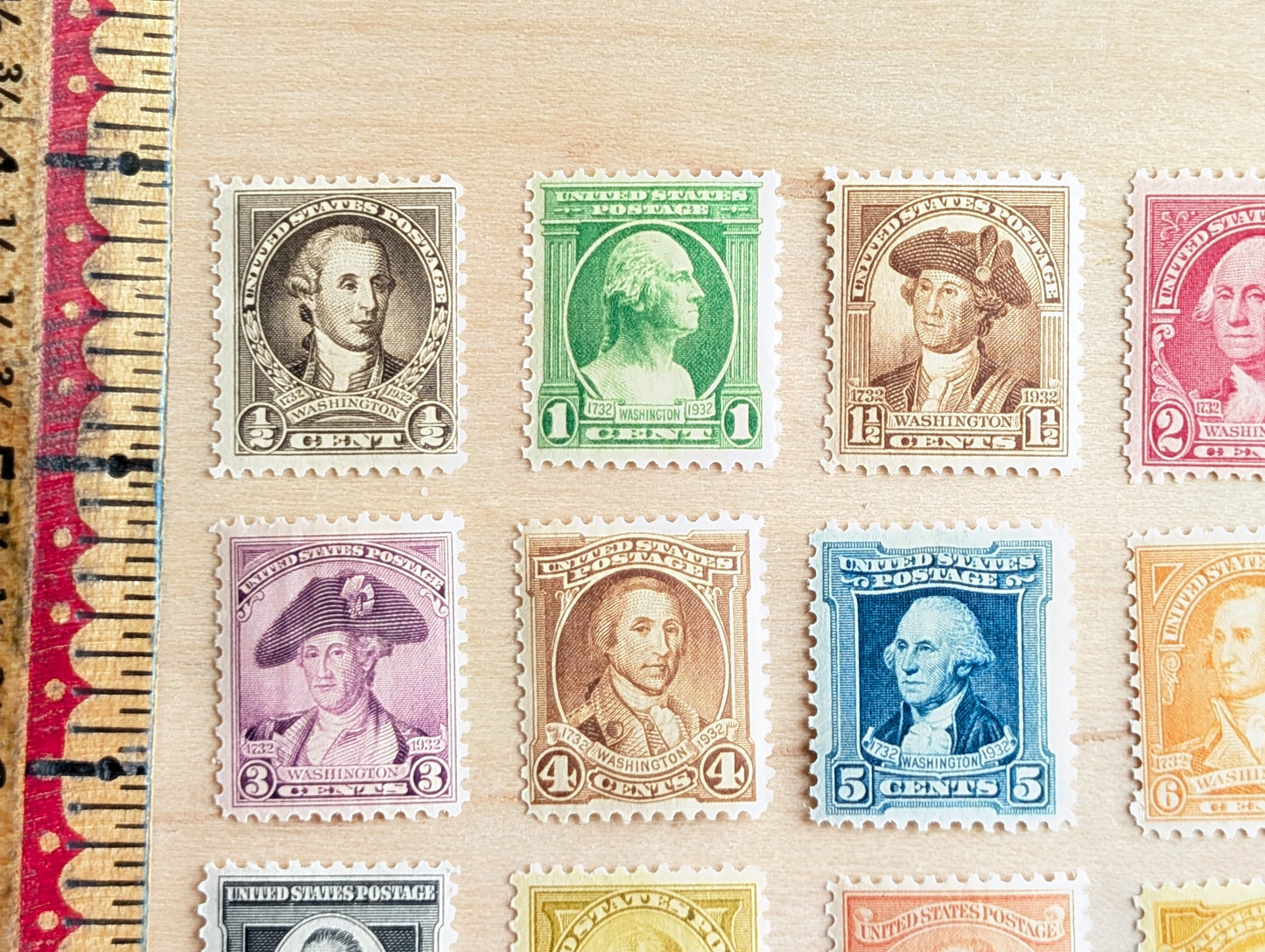 George Washington Bust, Collection of 12, Vintage Unused USPS ½ to 10 Cent Postage Stamps, George Washington Bust Stamps, 1932, Gummed