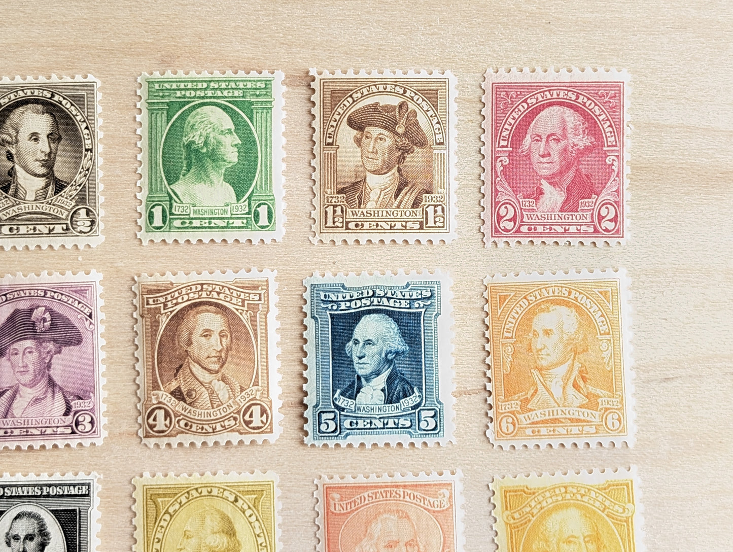 George Washington Bust, Collection of 12, Vintage Unused USPS ½ to 10 Cent Postage Stamps, George Washington Bust Stamps, 1932, Gummed
