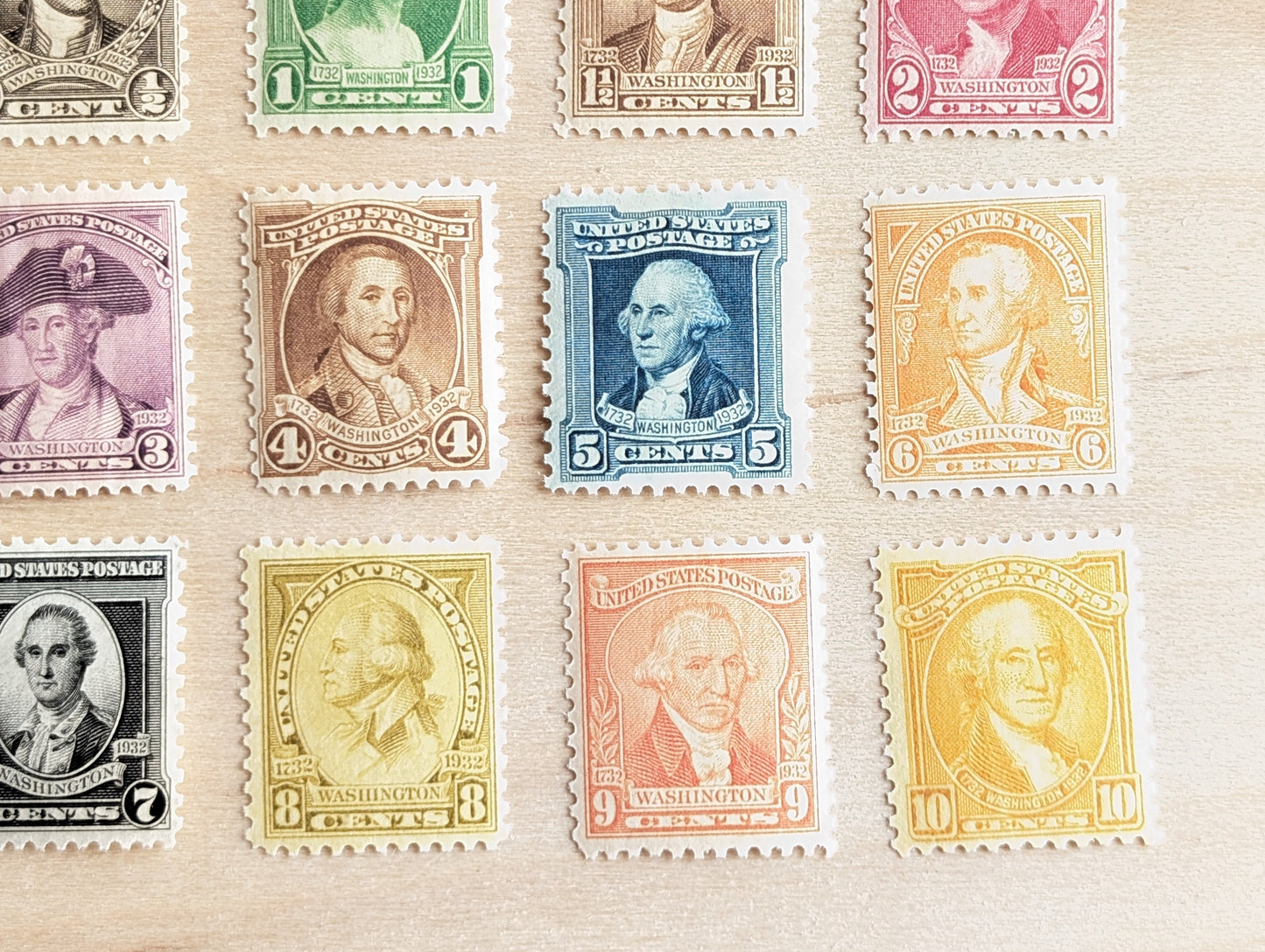 George Washington Bust, Collection of 12, Vintage Unused USPS ½ to 10 Cent Postage Stamps, George Washington Bust Stamps, 1932, Gummed
