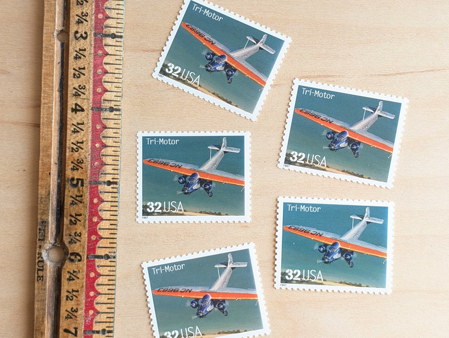 Tri-Motor Classic American Aircraft, Set of 5, Vintage Unused USPS 32 Cent Postage Stamps, Classic American Aircraft Stamps, 1996, Gummed