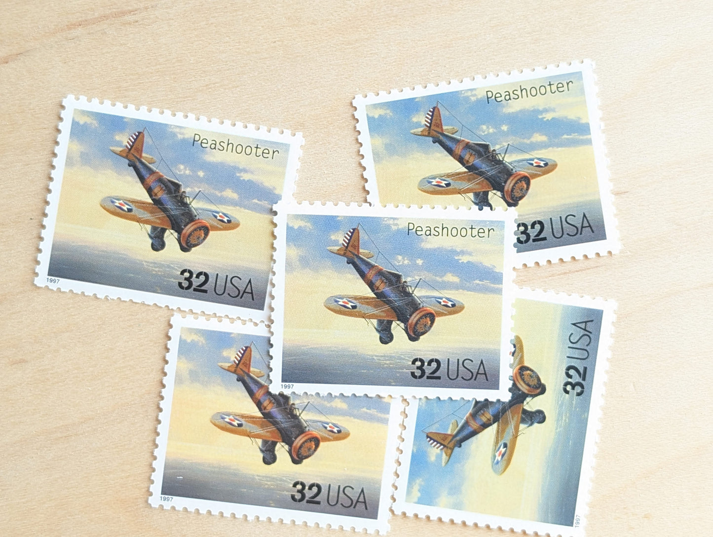 Peashooter Classic American Aircraft, Set of 5, Vintage Unused USPS 32 Cent Postage Stamps, Classic American Aircraft Stamps, 1996, Gummed