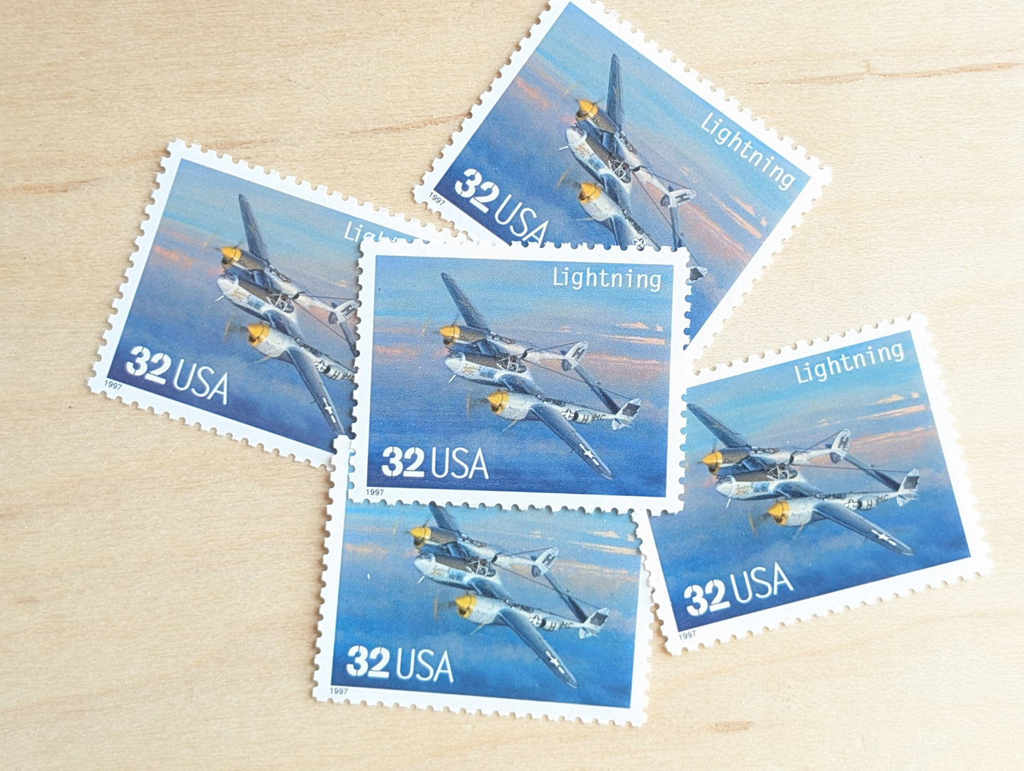 Lightning Classic American Aircraft, Set of 5, Vintage Unused USPS 32 Cent Postage Stamps, Classic American Aircraft Stamps, 1996, Gummed