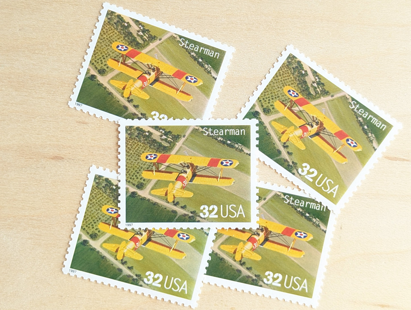 Stearman Classic American Aircraft, Set of 5, Vintage Unused USPS 32 Cent Postage Stamps, Classic American Aircraft Stamps, 1996, Gummed