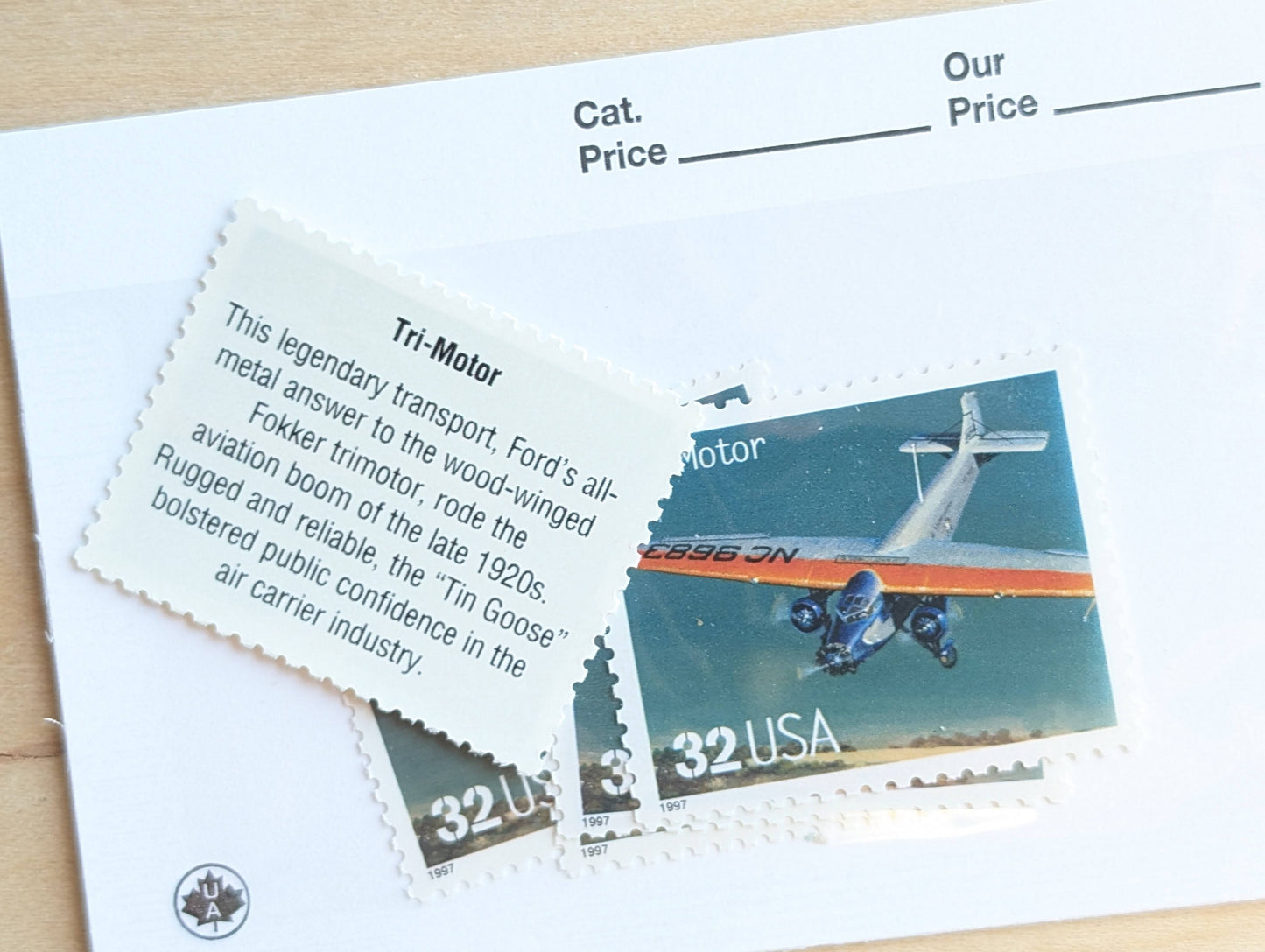 Tri-Motor Classic American Aircraft, Set of 5, Vintage Unused USPS 32 Cent Postage Stamps, Classic American Aircraft Stamps, 1996, Gummed