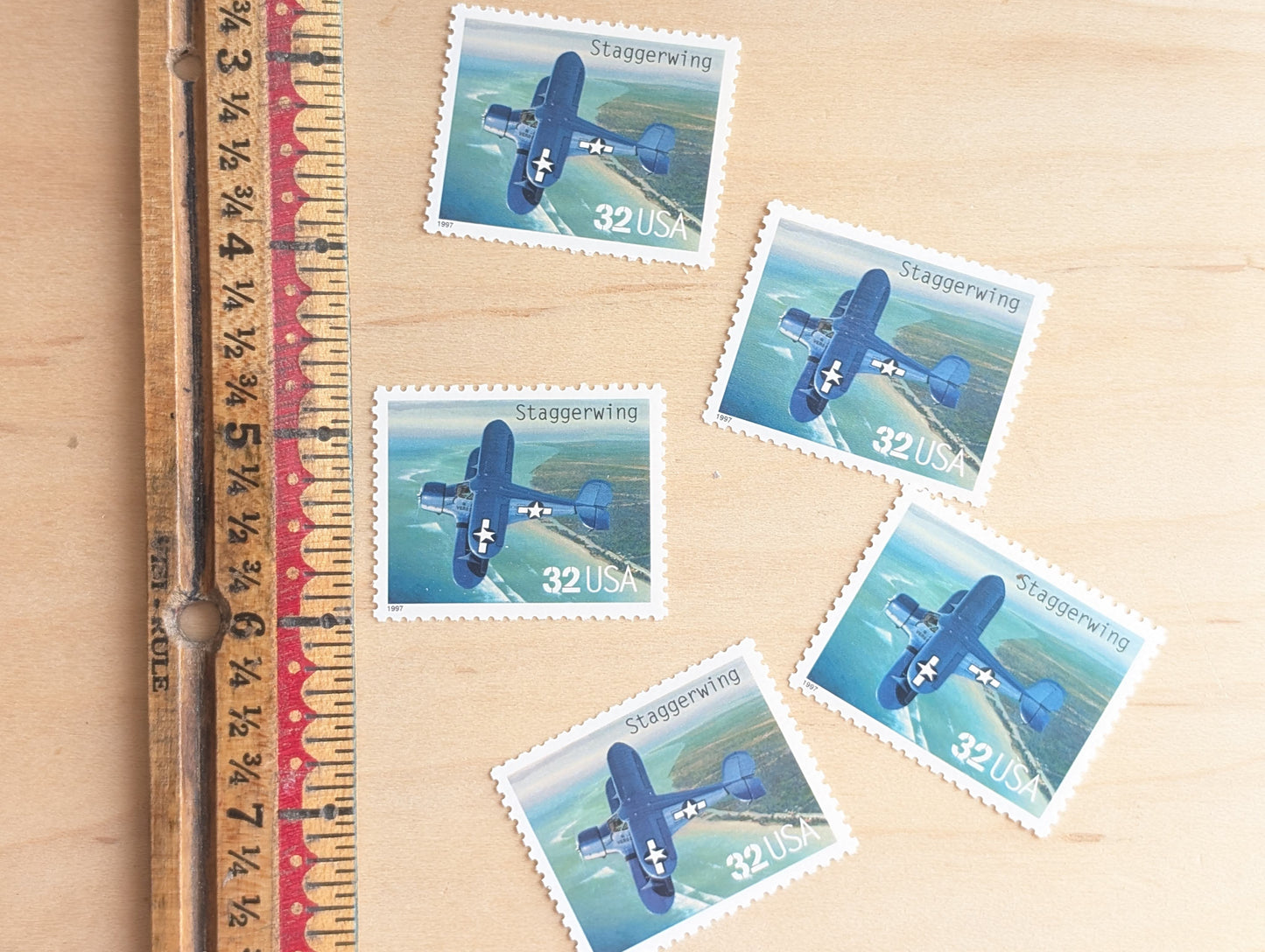 Staggerwing Classic American Aircraft, Set of 5, Vintage Unused USPS 32 Cent Postage Stamps, Classic American Aircraft Stamps, 1996, Gummed