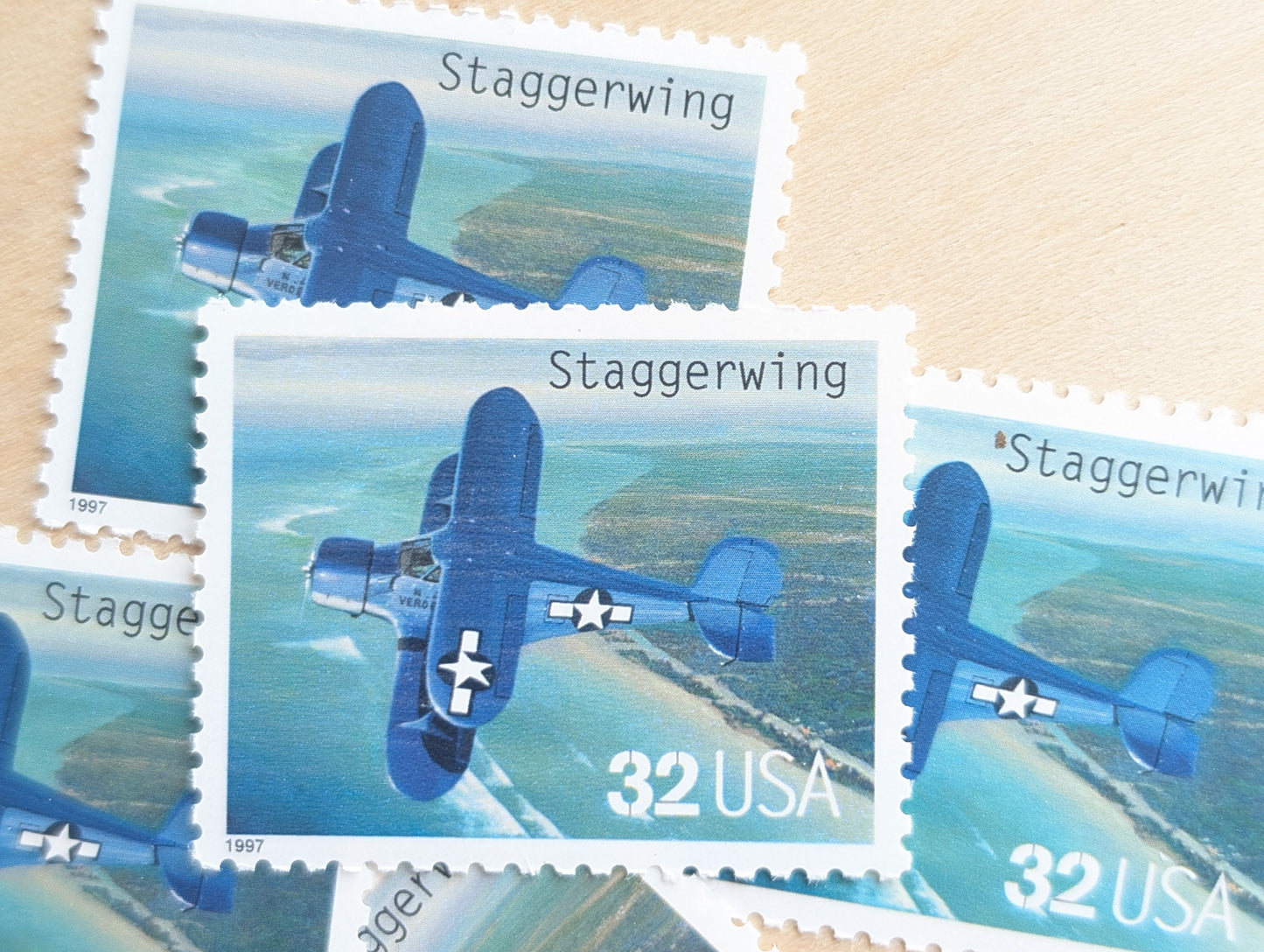 Staggerwing Classic American Aircraft, Set of 5, Vintage Unused USPS 32 Cent Postage Stamps, Classic American Aircraft Stamps, 1996, Gummed