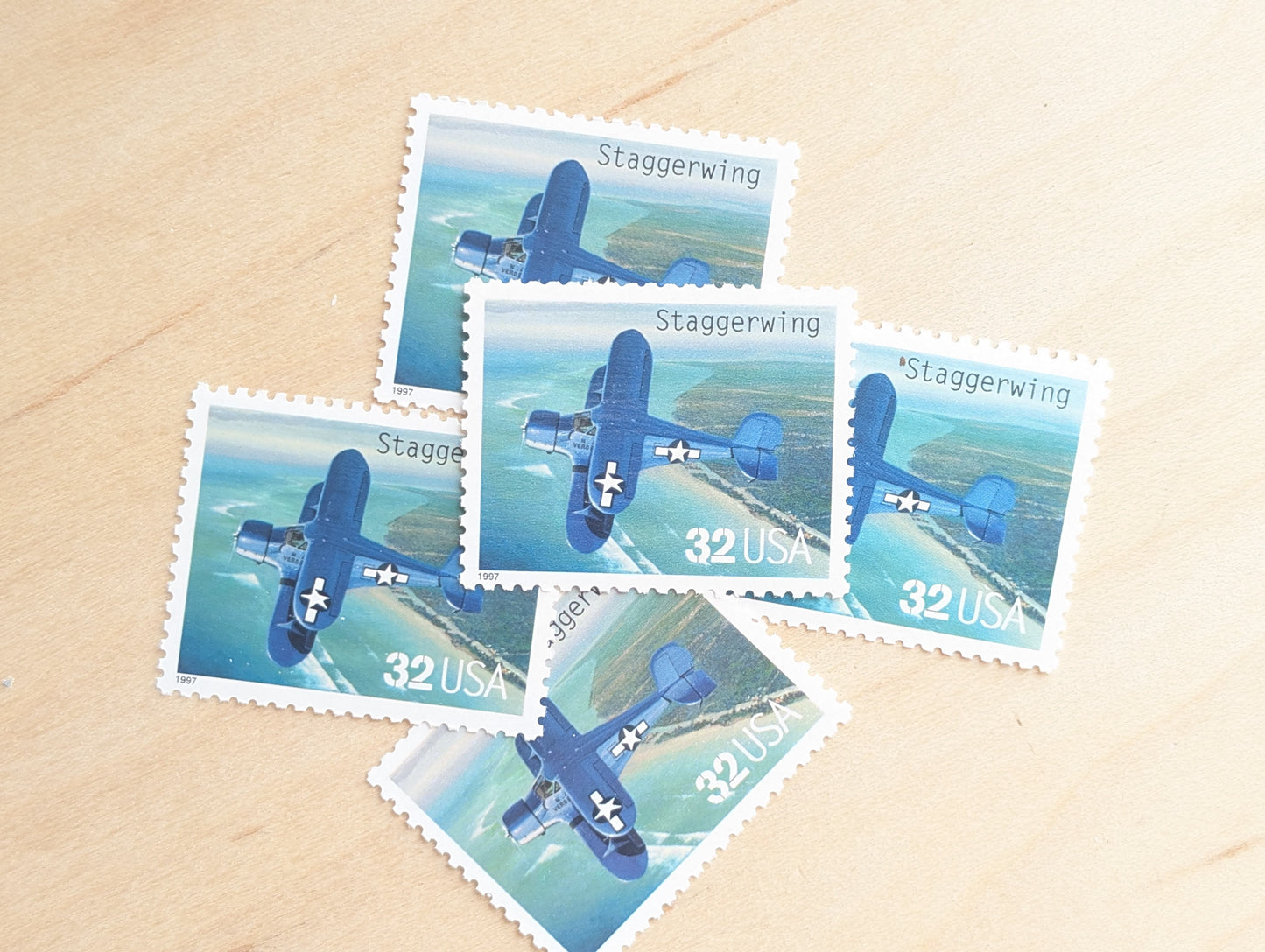 Staggerwing Classic American Aircraft, Set of 5, Vintage Unused USPS 32 Cent Postage Stamps, Classic American Aircraft Stamps, 1996, Gummed