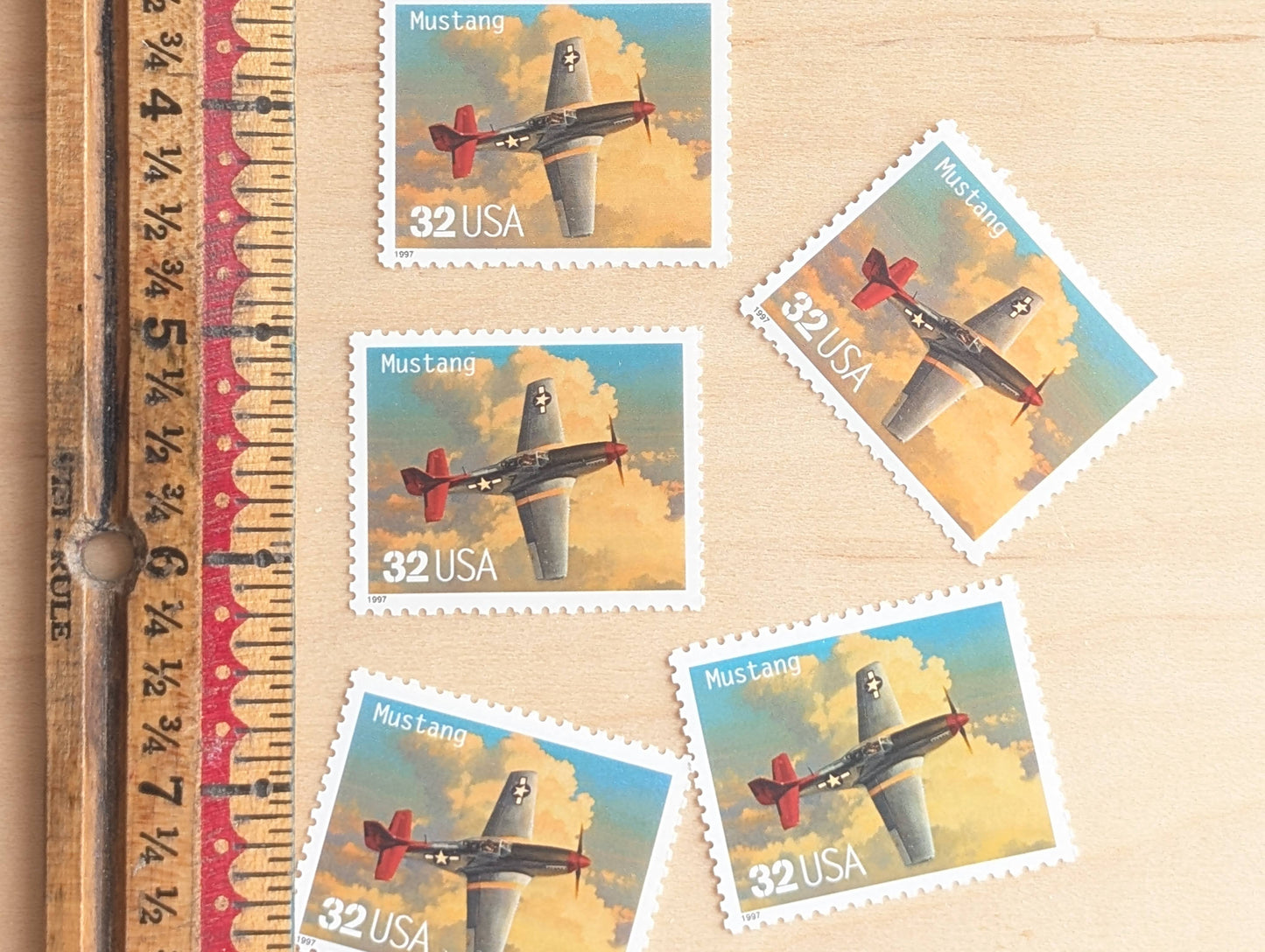Mustang Classic American Aircraft, Set of 5, Vintage Unused USPS 32 Cent Postage Stamps, Classic American Aircraft Stamps, 1996, Gummed
