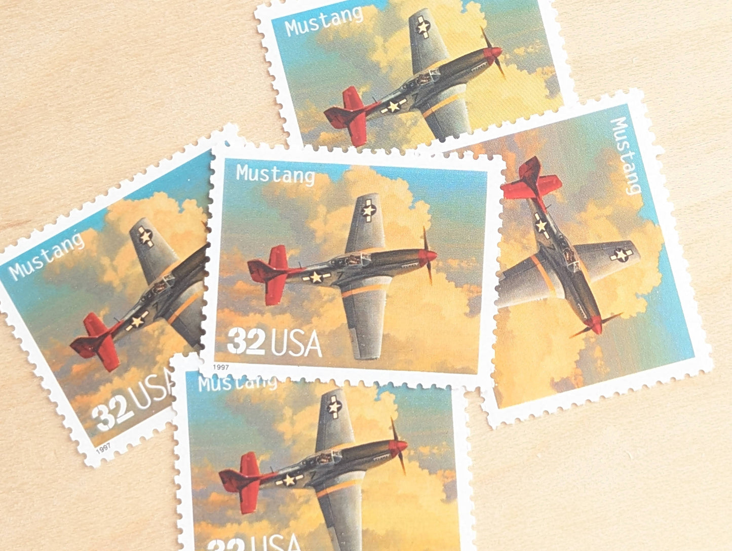 Mustang Classic American Aircraft, Set of 5, Vintage Unused USPS 32 Cent Postage Stamps, Classic American Aircraft Stamps, 1996, Gummed