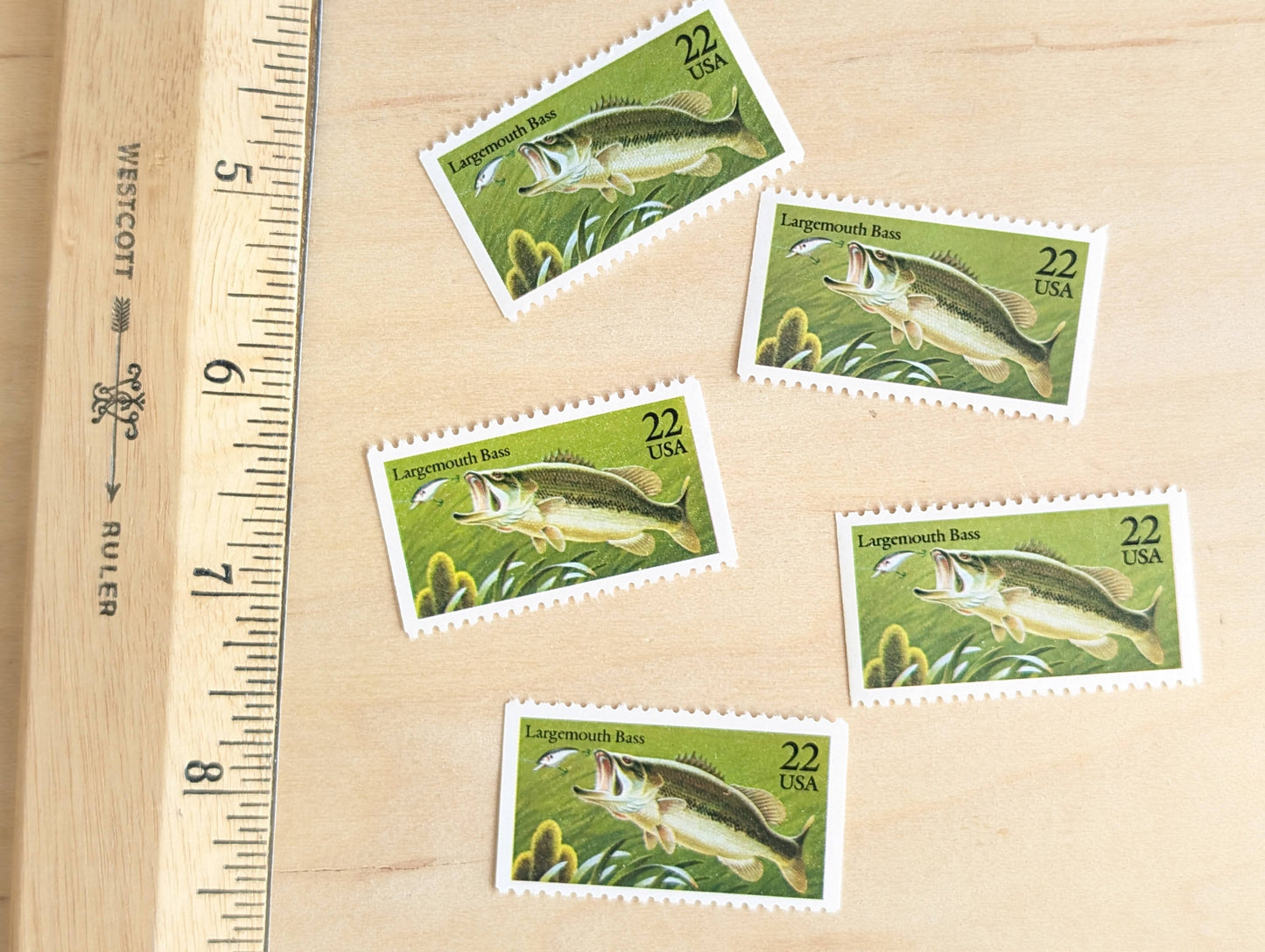 Largemouth Bass Stamps, Set of 5, Vintage Unused USPS 22 Cent Postage Stamps, Fish Stamps 1986, Gummed