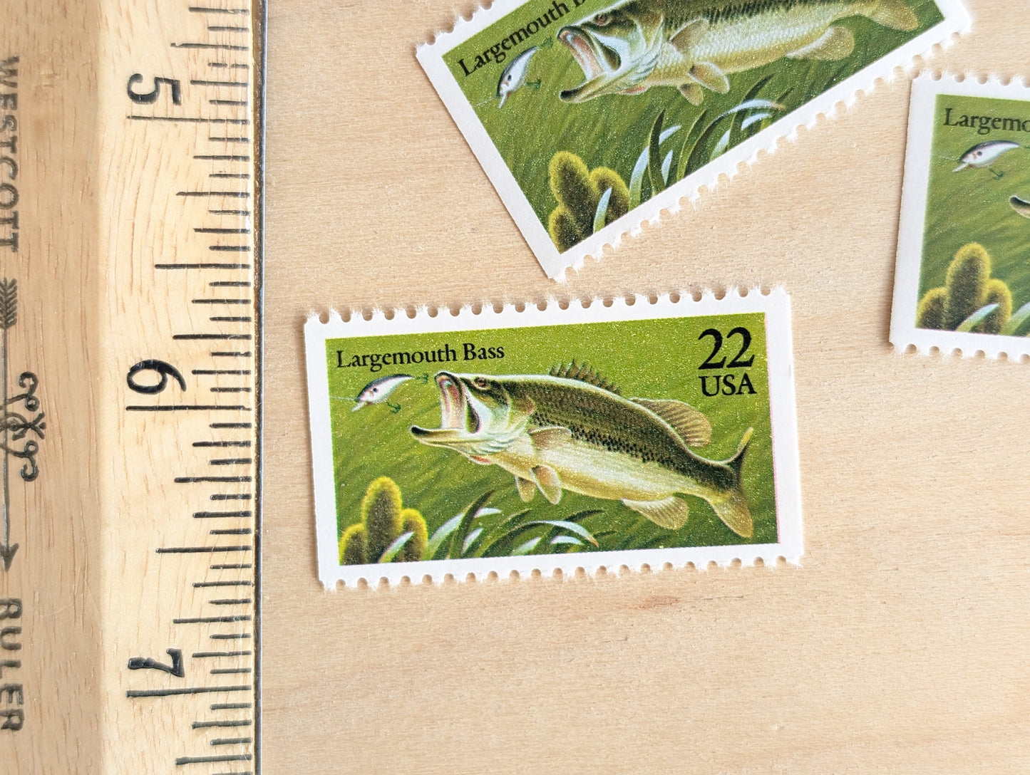 Largemouth Bass Stamps, Set of 5, Vintage Unused USPS 22 Cent Postage Stamps, Fish Stamps 1986, Gummed