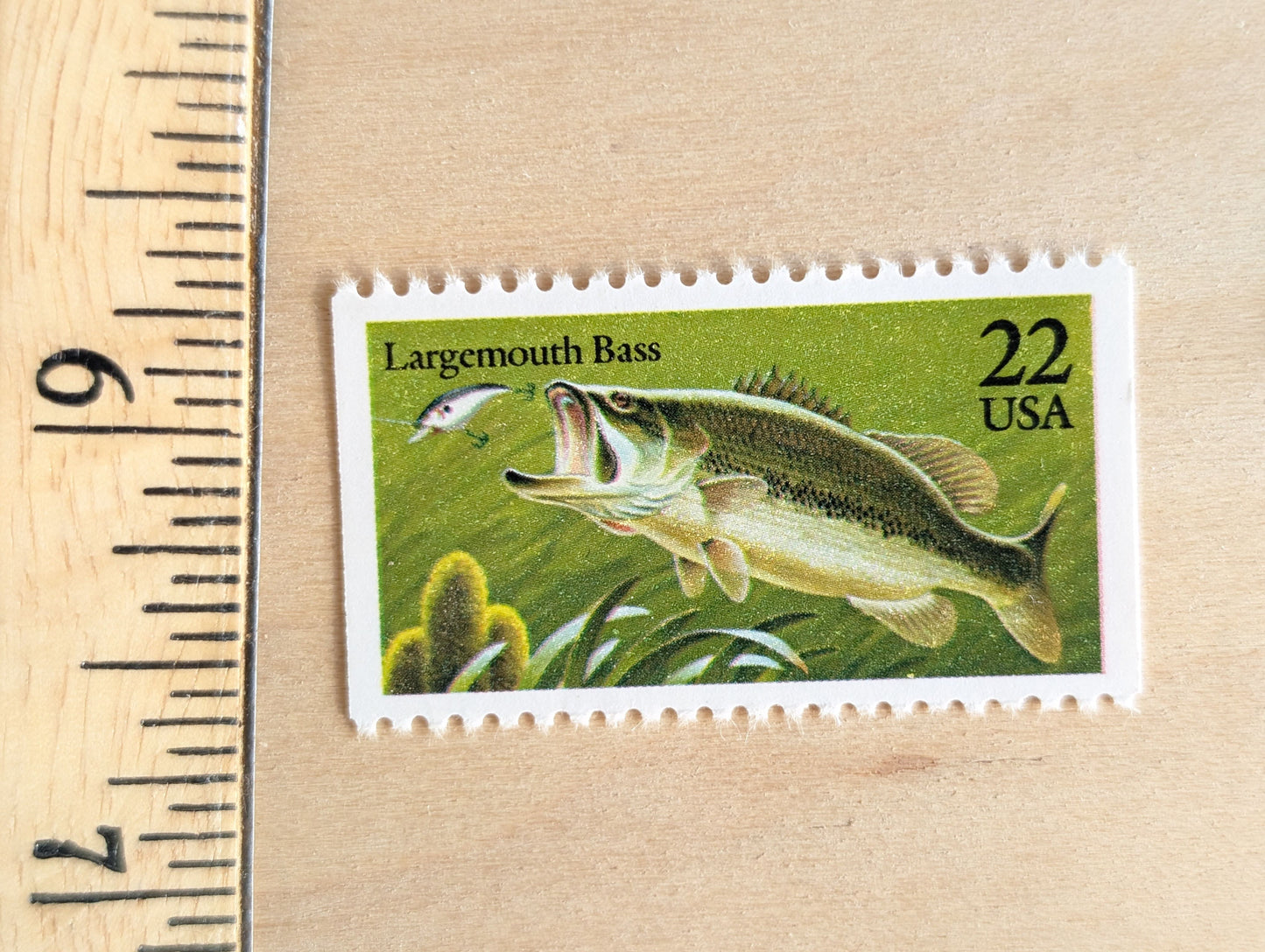 Largemouth Bass Stamps, Set of 5, Vintage Unused USPS 22 Cent Postage Stamps, Fish Stamps 1986, Gummed