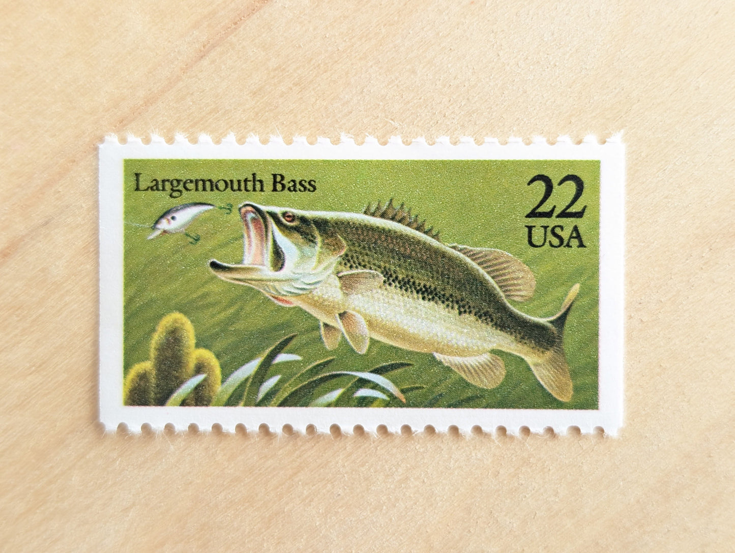 Largemouth Bass Stamps, Set of 5, Vintage Unused USPS 22 Cent Postage Stamps, Fish Stamps 1986, Gummed