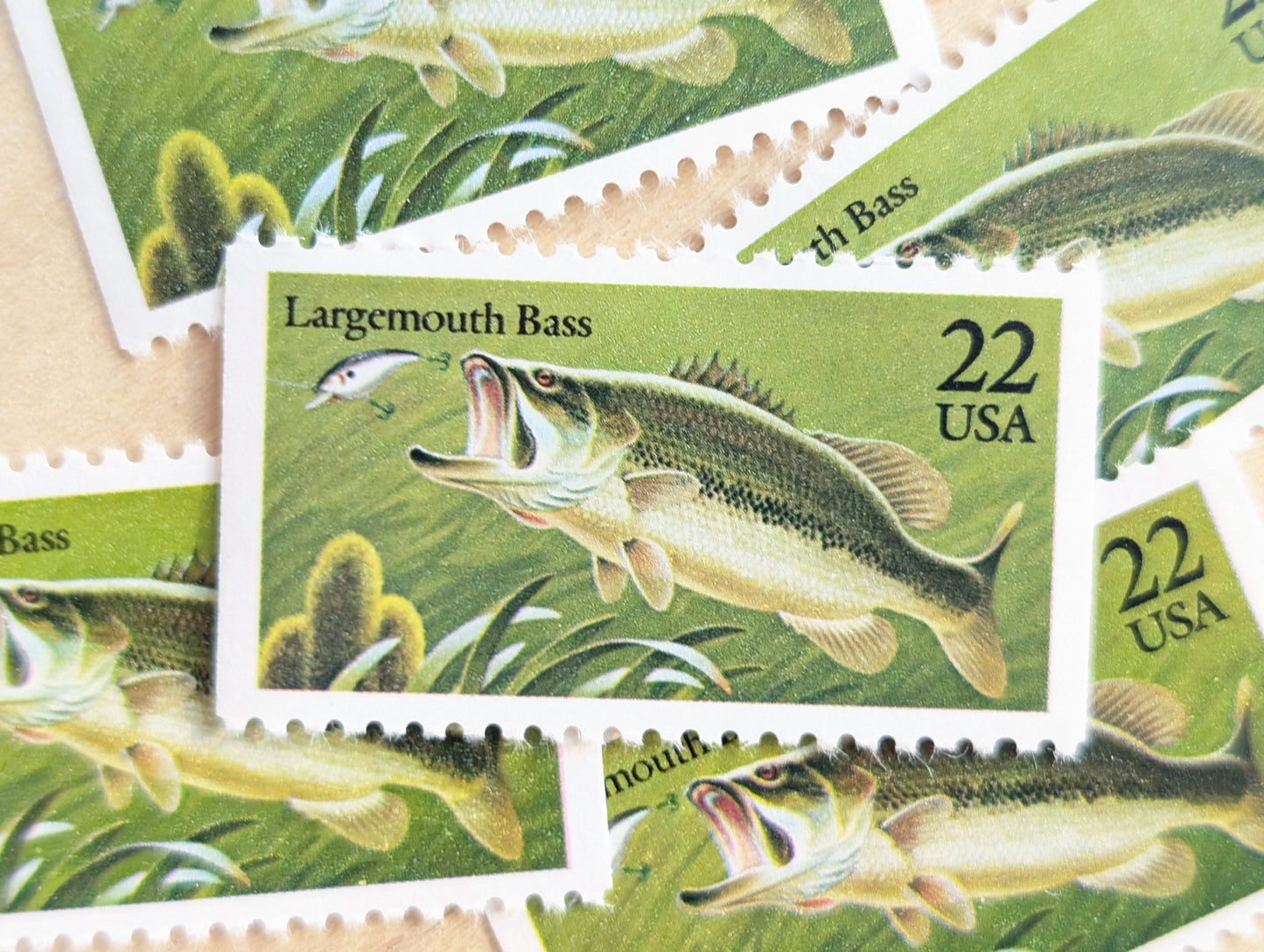 Largemouth Bass Stamps, Set of 5, Vintage Unused USPS 22 Cent Postage Stamps, Fish Stamps 1986, Gummed