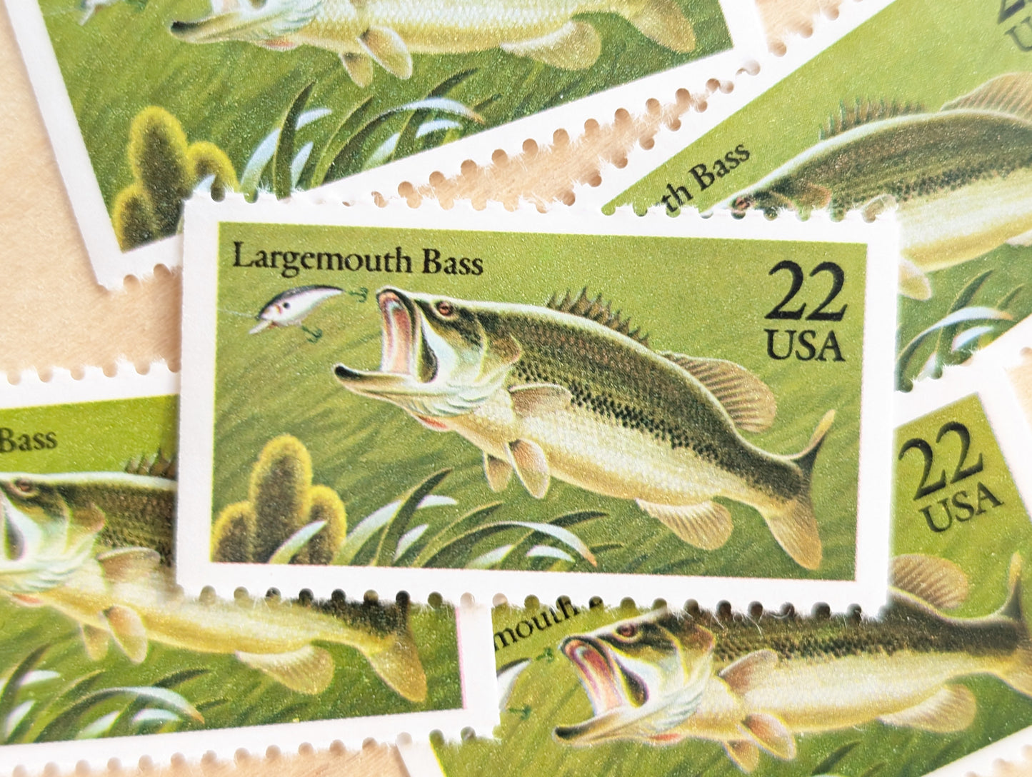 Fish, Booklet of 10, Vintage Unused USPS 22 Cent Postage Stamps, Fish Stamps (Muskellunge, Atlantic Cod, Largemouth Bass, Bluefin Tuna, Catfish), 1986, Gummed