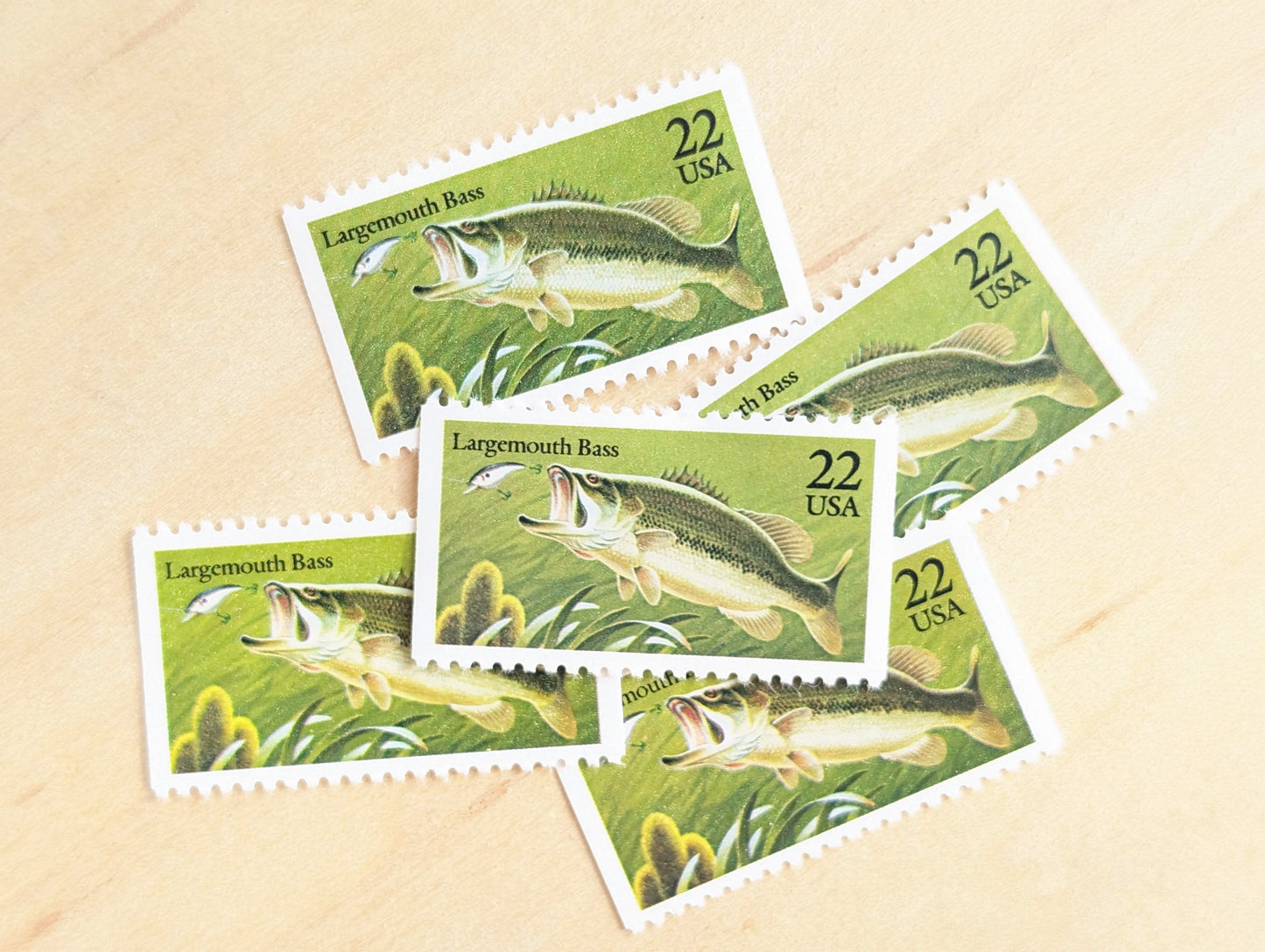 Largemouth Bass Stamps, Set of 5, Vintage Unused USPS 22 Cent Postage Stamps, Fish Stamps 1986, Gummed