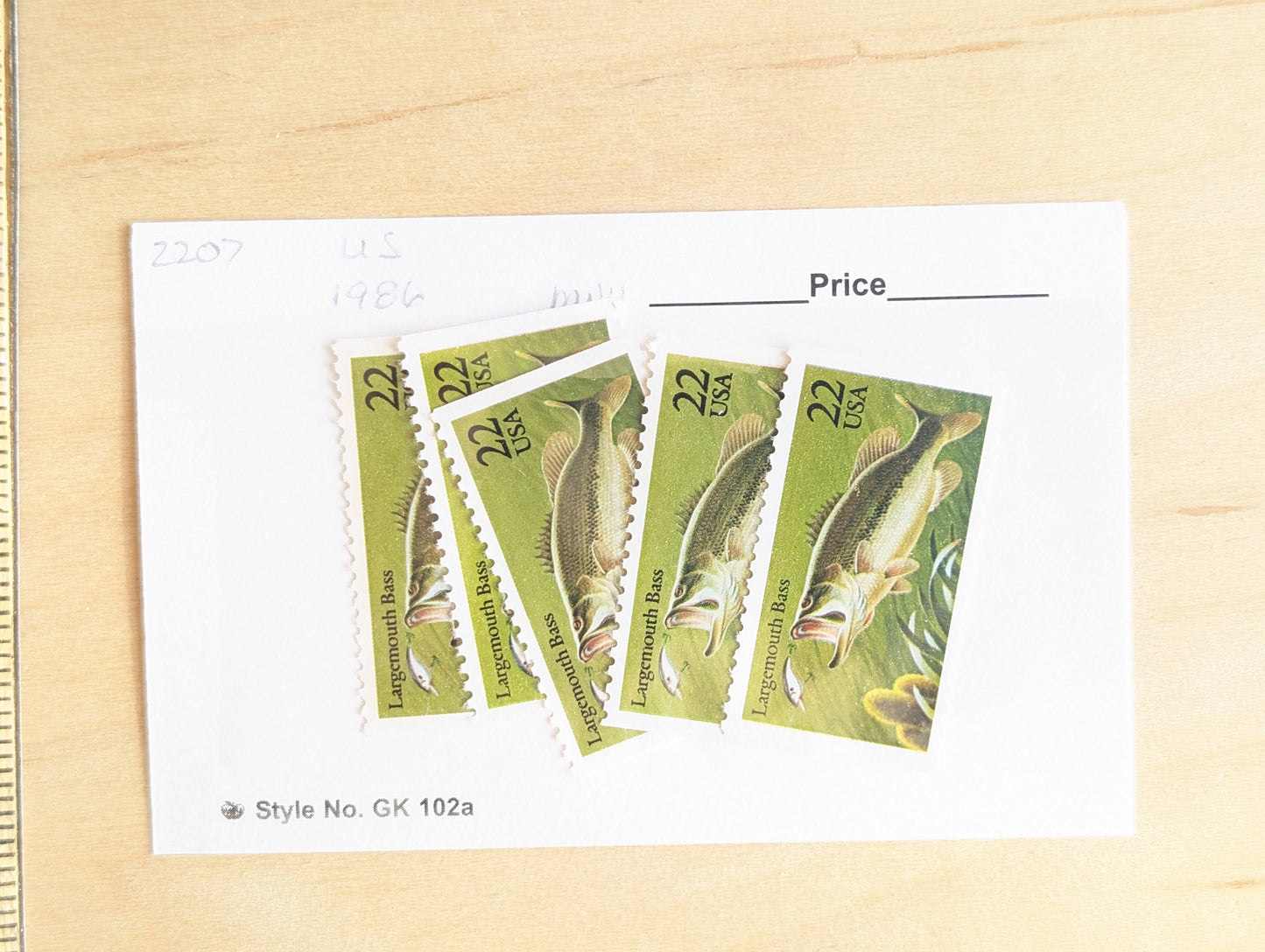 Largemouth Bass Stamps, Set of 5, Vintage Unused USPS 22 Cent Postage Stamps, Fish Stamps 1986, Gummed