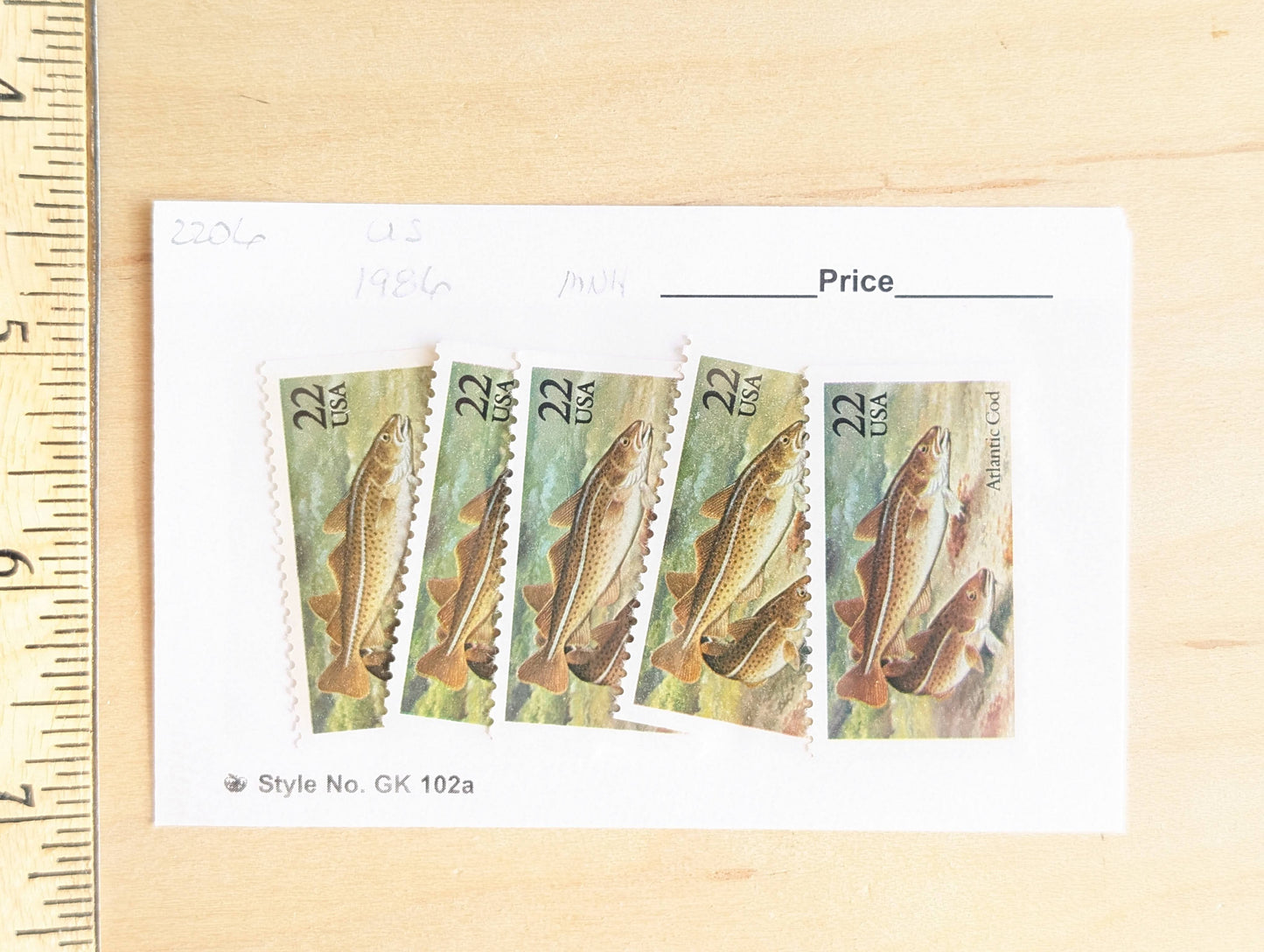 Atlantic Cod Stamps, Set of 5, Vintage Unused USPS 22 Cent Postage Stamps, Fish Stamps 1986, Gummed