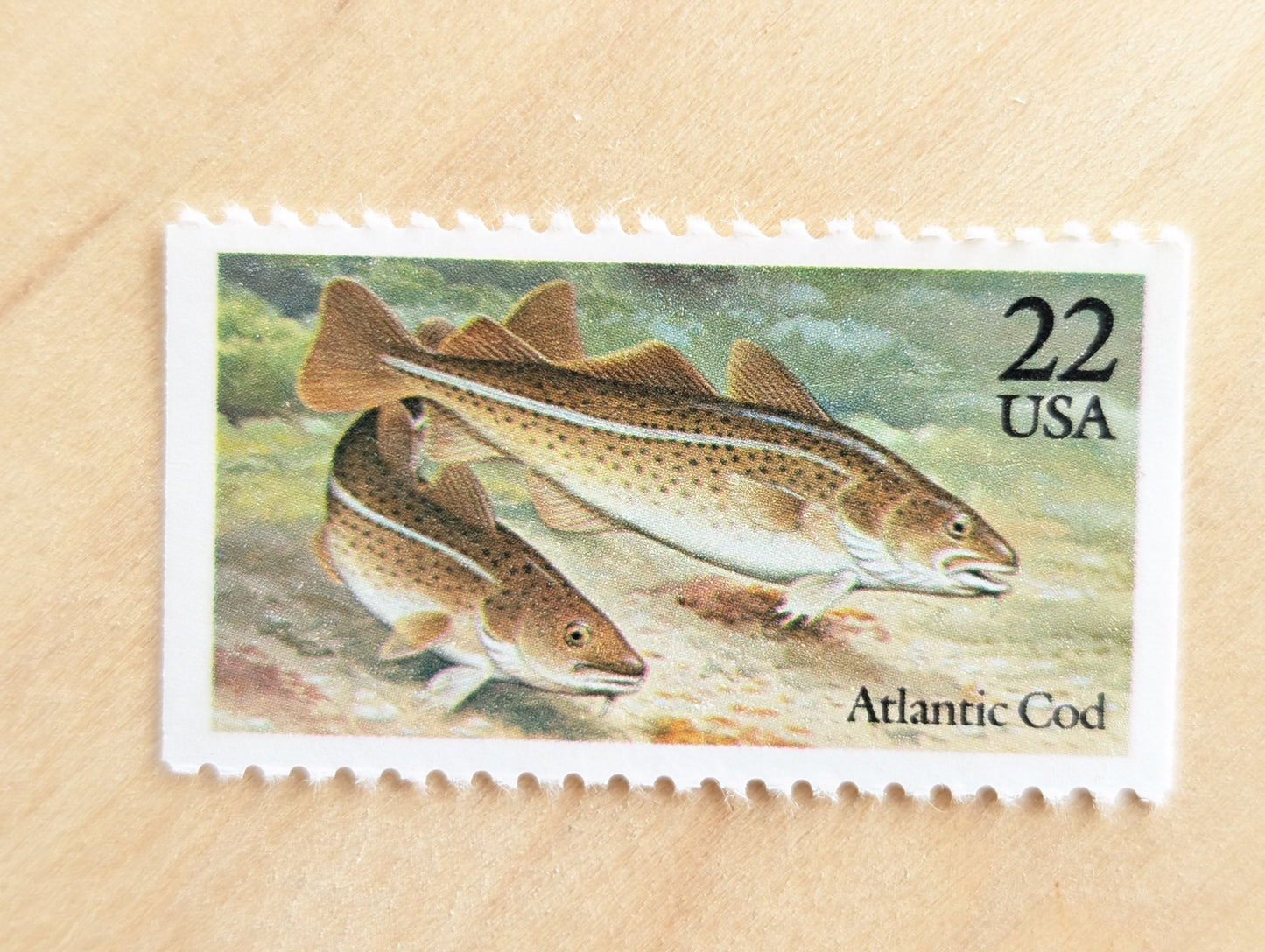 Atlantic Cod Stamps, Set of 5, Vintage Unused USPS 22 Cent Postage Stamps, Fish Stamps 1986, Gummed