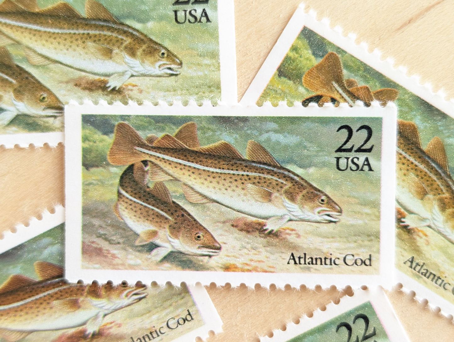 Fish, Booklet of 10, Vintage Unused USPS 22 Cent Postage Stamps, Fish Stamps (Muskellunge, Atlantic Cod, Largemouth Bass, Bluefin Tuna, Catfish), 1986, Gummed