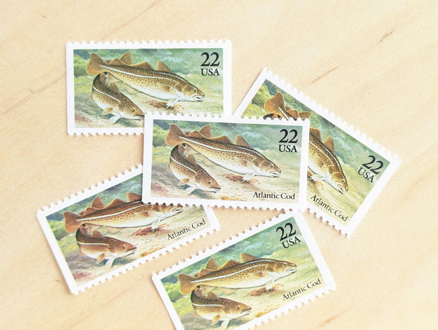 Atlantic Cod Stamps, Set of 5, Vintage Unused USPS 22 Cent Postage Stamps, Fish Stamps 1986, Gummed