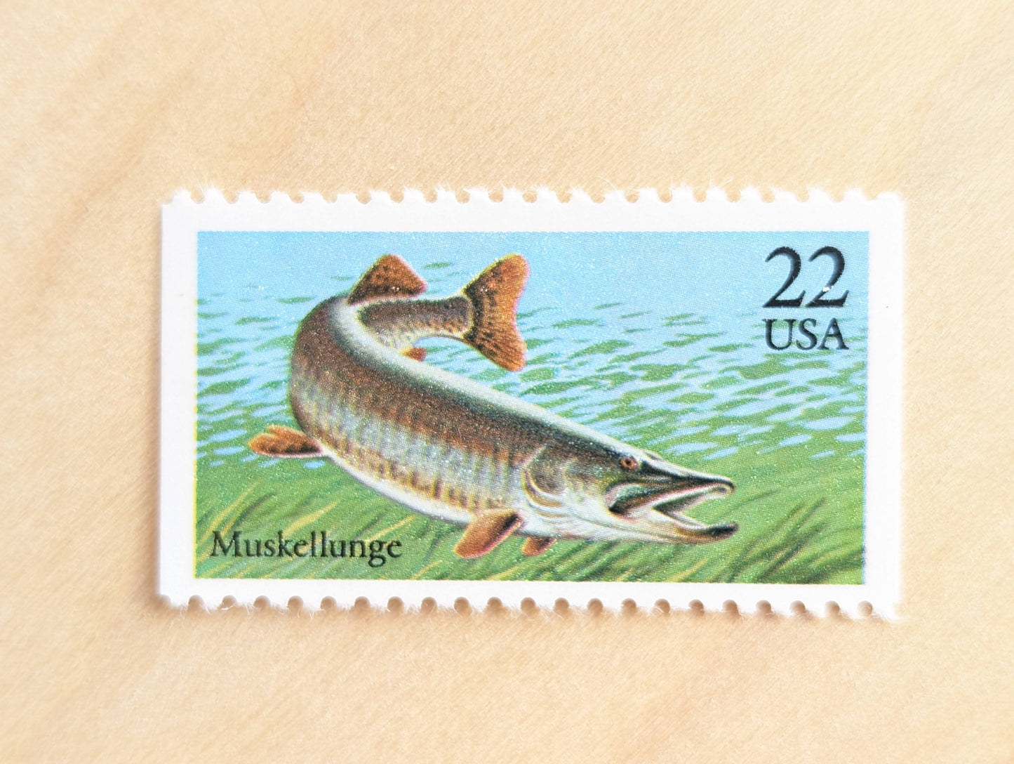 Muskellunge Stamps, Set of 5, Vintage Unused USPS 22 Cent Postage Stamps, Fish Stamps 1986, Gummed