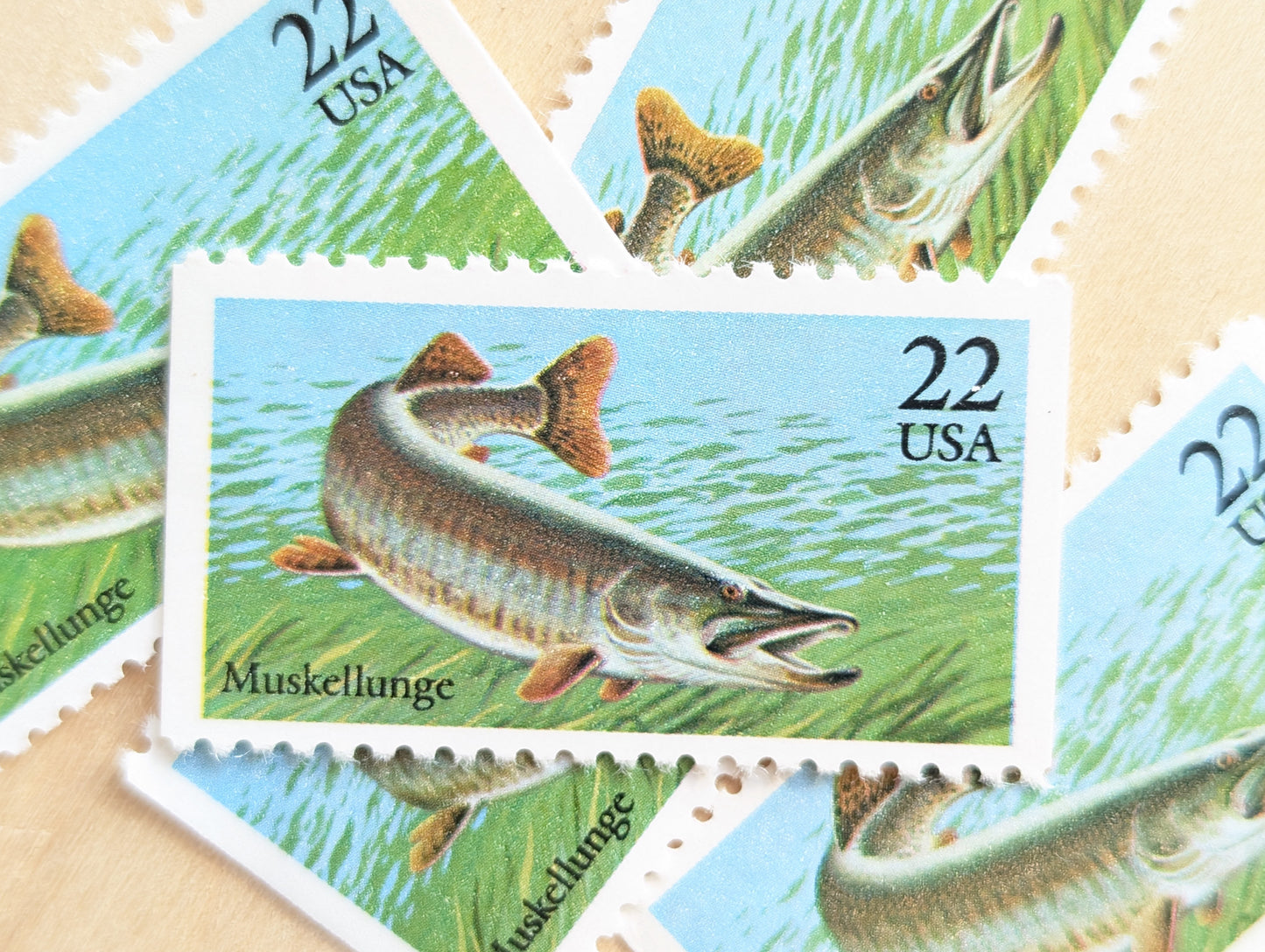Fish, Booklet of 10, Vintage Unused USPS 22 Cent Postage Stamps, Fish Stamps (Muskellunge, Atlantic Cod, Largemouth Bass, Bluefin Tuna, Catfish), 1986, Gummed