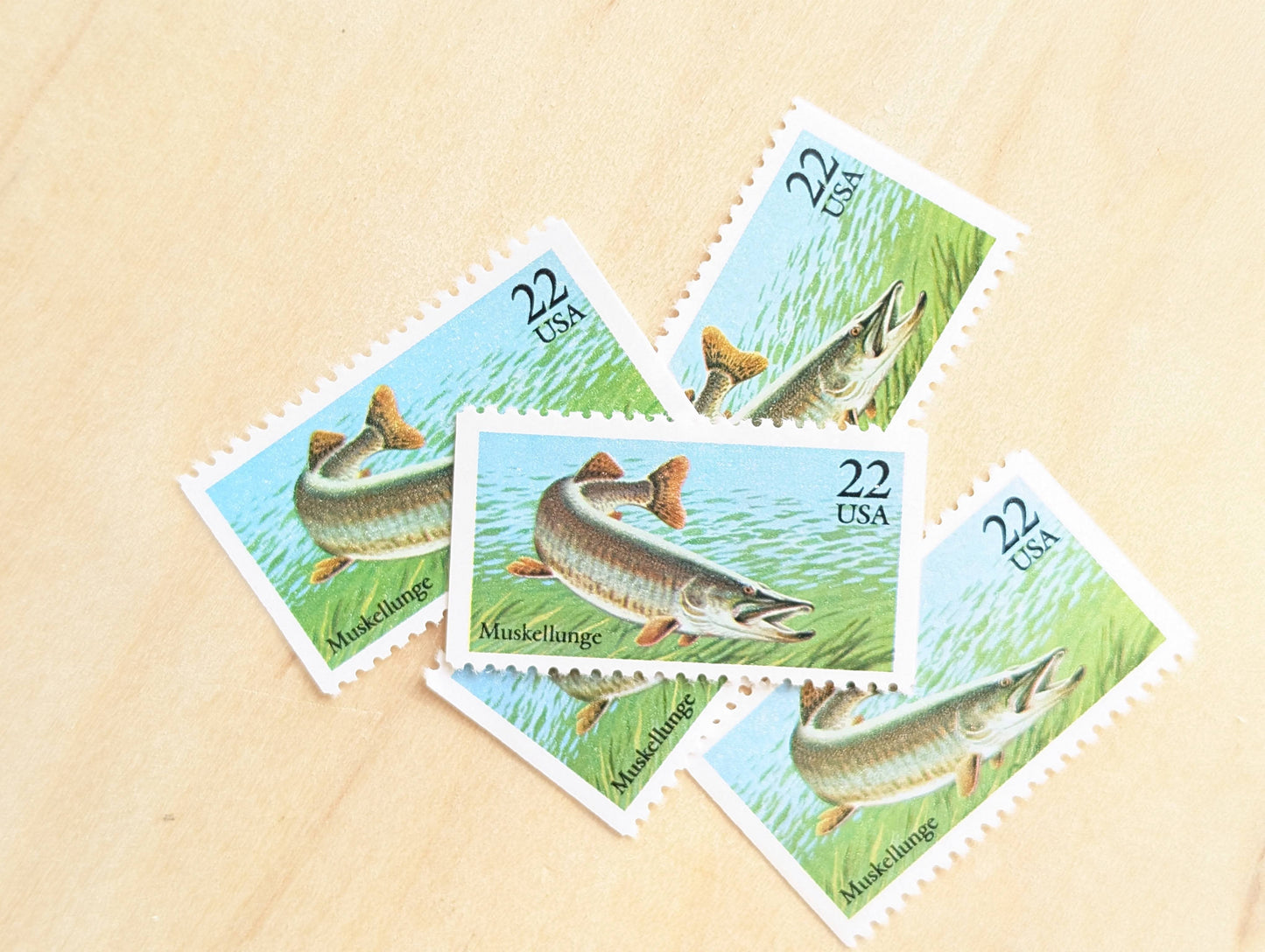 Muskellunge Stamps, Set of 5, Vintage Unused USPS 22 Cent Postage Stamps, Fish Stamps 1986, Gummed