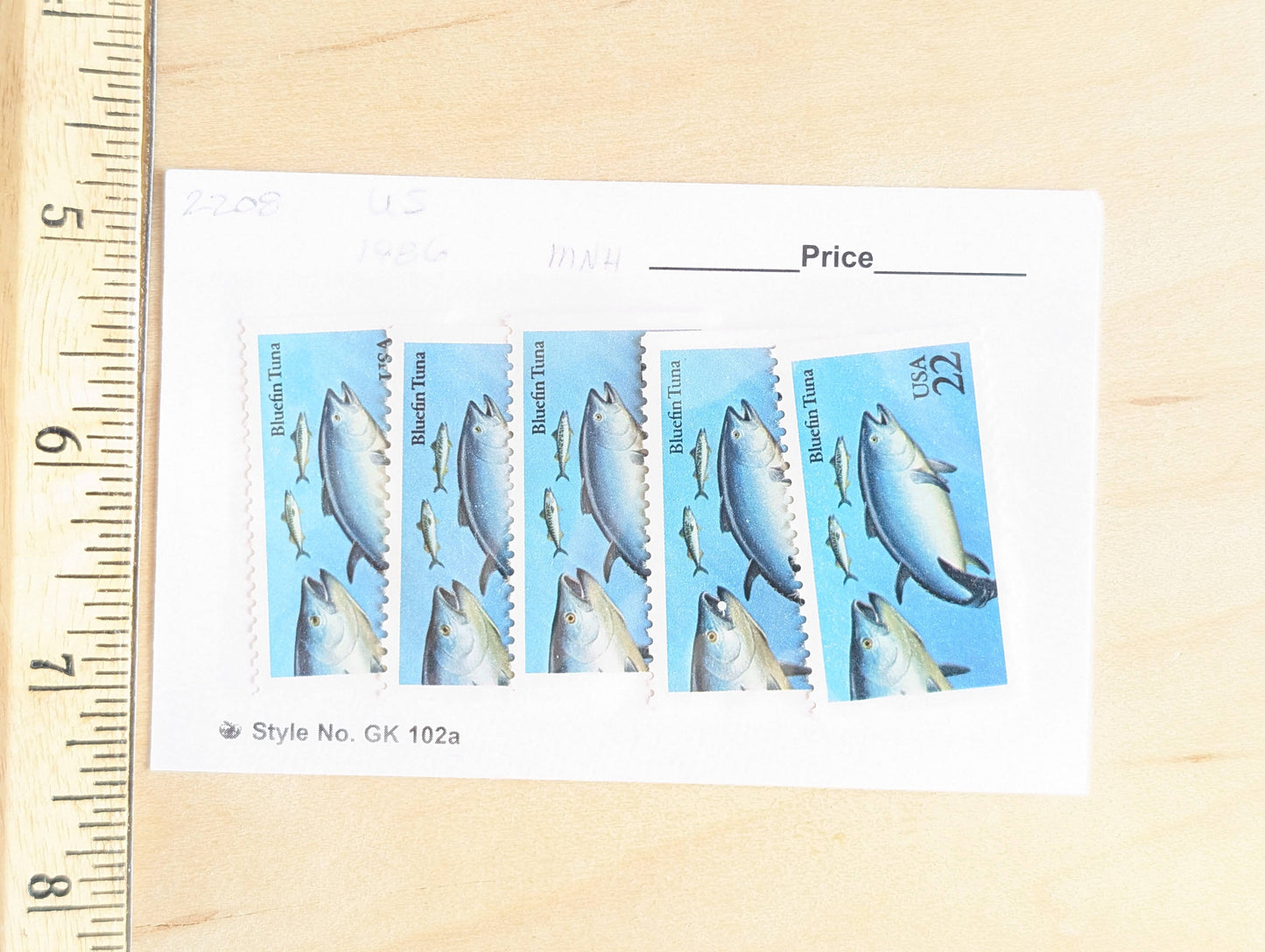Bluefin Tuna Stamps, Set of 5, Vintage Unused USPS 22 Cent Postage Stamps, Fish Stamps 1986, Gummed