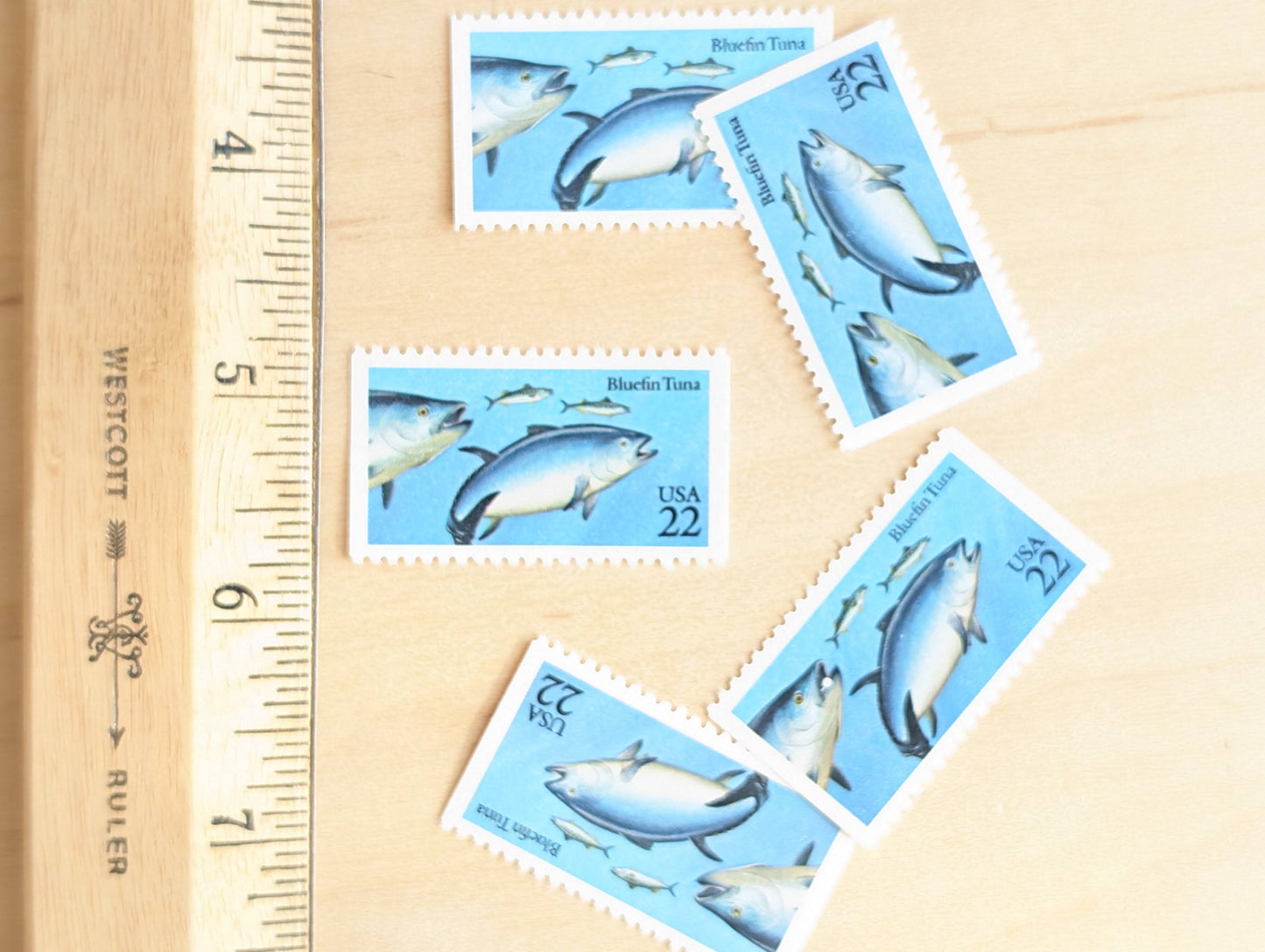 Bluefin Tuna Stamps, Set of 5, Vintage Unused USPS 22 Cent Postage Stamps, Fish Stamps 1986, Gummed