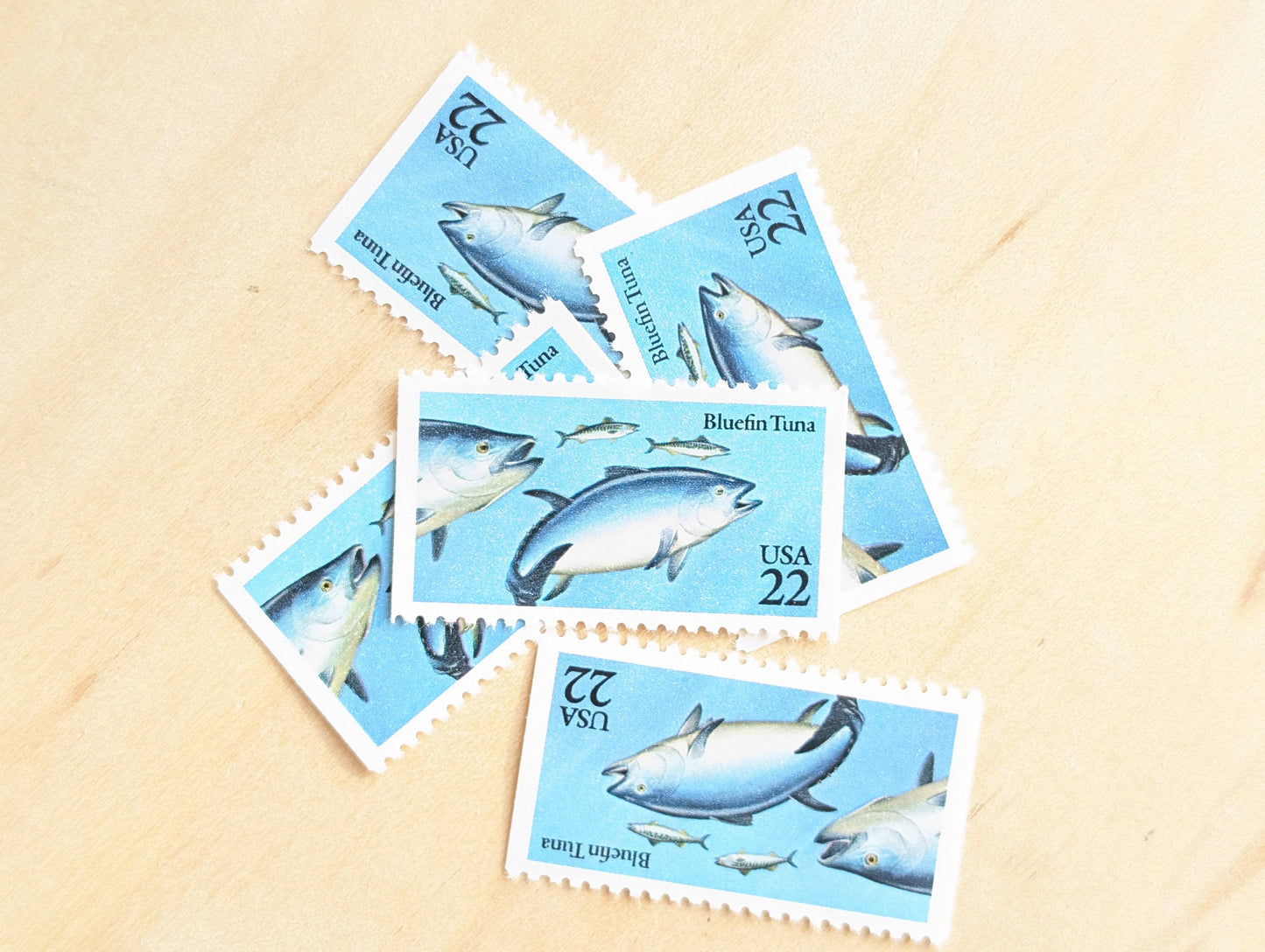 Bluefin Tuna Stamps, Set of 5, Vintage Unused USPS 22 Cent Postage Stamps, Fish Stamps 1986, Gummed